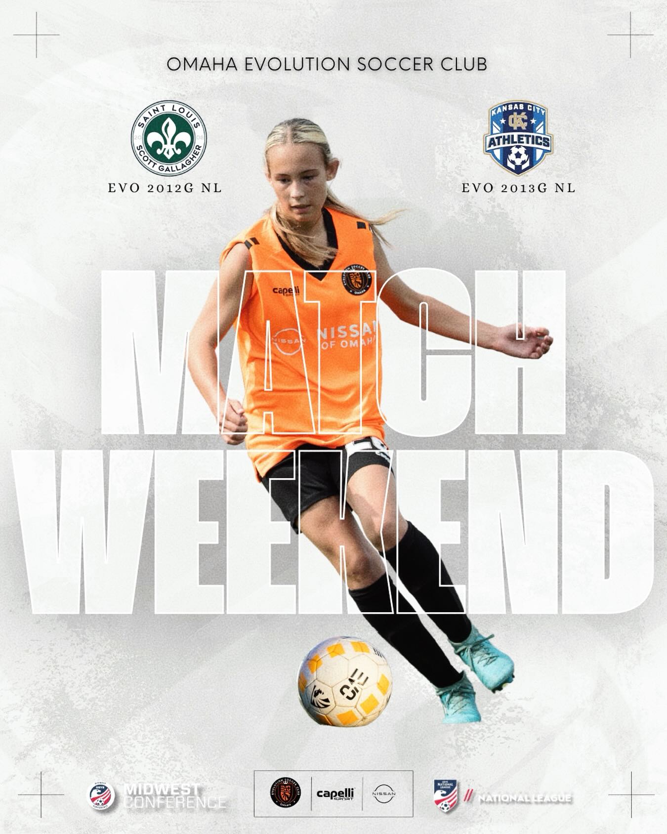 Its the first National League match weekend of spring for our EVO 2013 and 2012 NL girls as they take on @scottgallaghersc and athleticskc this Saturday.
EVO 2012G NL take on SLSG MO 12 ELITE on home turf, CHI Health Multi-Sport Complex #10 at 5:30 pm.
EVO 2013G NL hit the road for KC in their game against KC Athletics 13G Select, KC Training Facility #4 at 3:00 pm.
Let’s go ladies!
@nationalleaguesoccer
#omahaevolutionsoccerclub #evolveyourgame