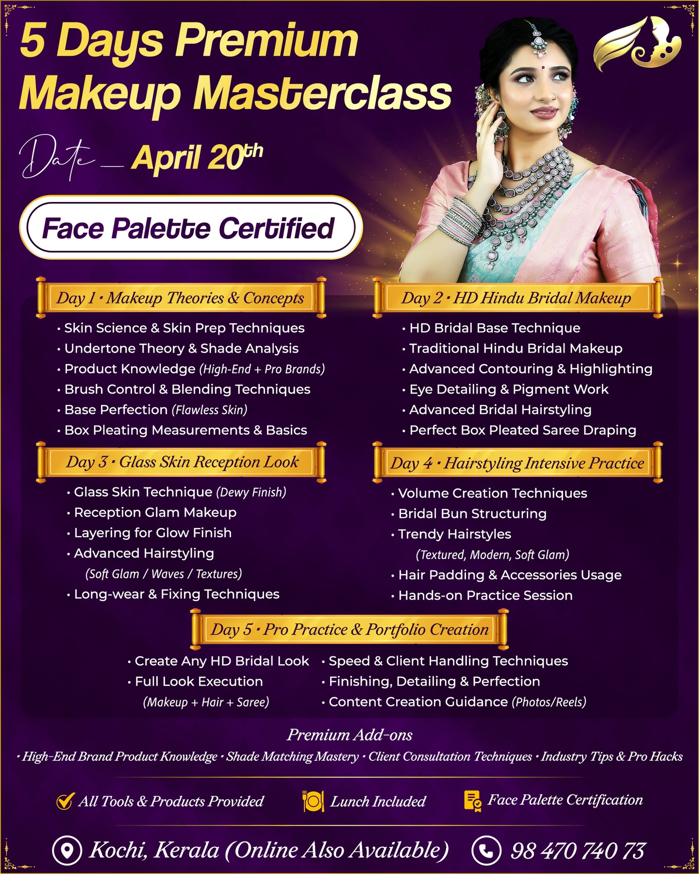 JOIN OUR 5 DDAYS PREMIUM MAKEUP MASTERY CLASS -
20 APRIL 💜
Face Palette Makeup Academy – Certified by Europe India Centre for Business and Industry, a European Parliament accredited organisation, is Kochi’s leading destination for professional makeup education! 🌍
📅 Upcoming Batches:
Face Palette certified -
📚 15 Days Intensive Makeup Mastery Course - 30 Mar
🖌️ 5 Days Premium Makeup Masterclass - 20 April
💄Fluffy Saree Draping Class - 25 Apr
🌐 Learn at our Kochi academy or join us LIVE online from anywhere in India or abroad!
📞 Call/WhatsApp: 9847074073
#makeupclass #makeupacademy #makeupeducation #facepalette #reel