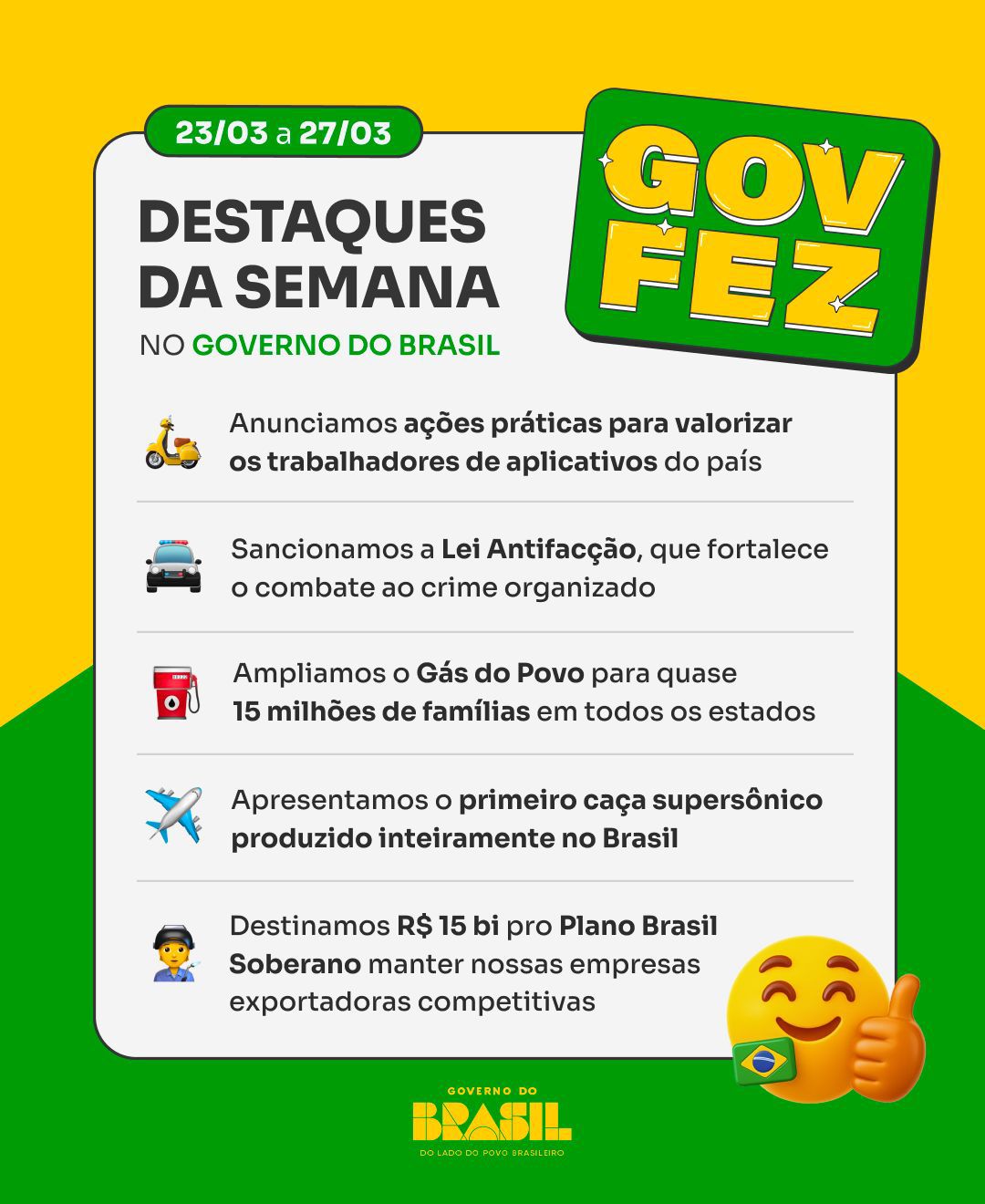 Valorização de trabalhadores de app, Lei Antifacção contra o crime organizado, Gás do Povo ampliado, primeiro caça supersônico 100% nacional e R$ 15 bi para fortalecer empresas exportadoras. Veja o que o #GovFez de 23/03 a 27/03 🇧🇷📢