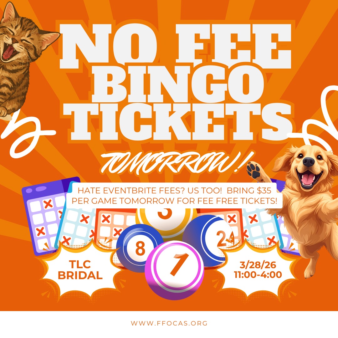 Our annual Bingo for our local homeless pets at @fredcoanimalshelter is on April 19th!
We are so thankful to @tlcbridal for hosting Bingo ticket sales for cash TOMRROW! It's $35 per games so bring your cash TOMORROW 3/28/26 and we will get you ready for Bingo!
Don't want to wait? Book your tickets here!
https://FFOCASBINGO2026.eventbrite.com
#bingo #bingofans #bingopeople #binglovers #charitybingo #cashbingo #frederickmdbingo #homelesspets #ffocasfactfriday #shelterpets