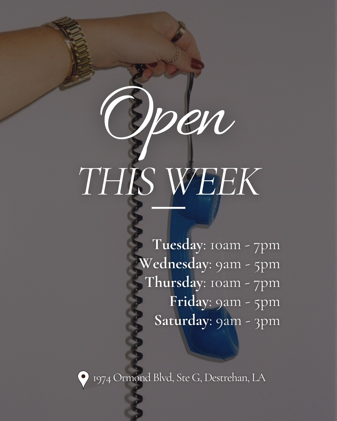 Need to press pause on the chaos this week? We’ve got you. ✨
Hair, skin, nails, massage, and lashes all under one roof, so you can relax, reset, and take care of yourself without running all over town.
Hours
Tuesday: 10am – 7pm
Wednesday: 9am – 5pm
Thursday: 10am – 7pm
Friday: 9am – 5pm
Saturday: 9am – 3pm
Call us and we’ll find a spot for you.
📍 1974 Ormond Blvd, Ste G, Destrehan
📞 985-764-9471