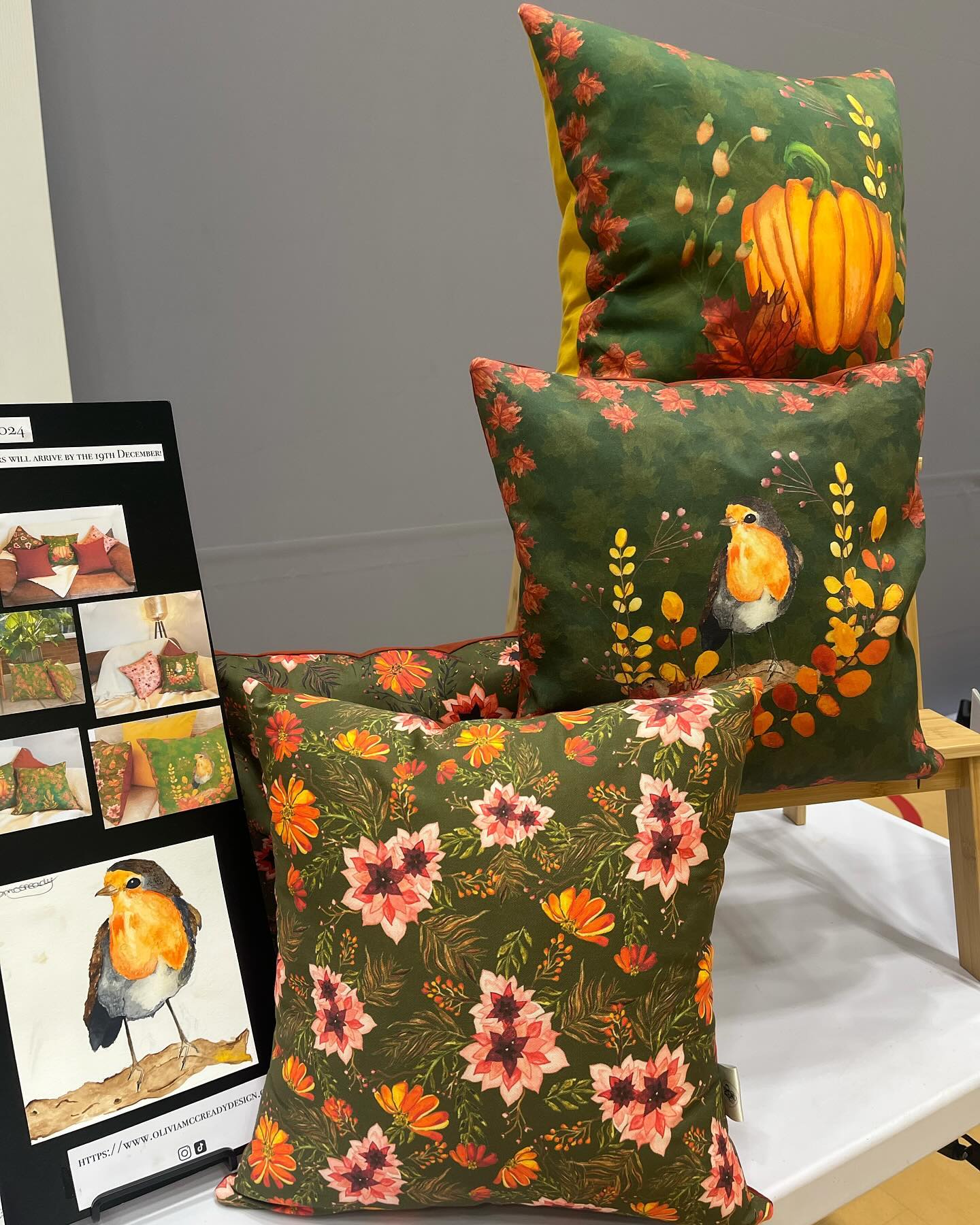 Christmas Market Display. My cushions are available to purchase on my website, link in my bio. #smallbusiness #sustainable #nature #handdrawn #handmade #textiles #homedecor #interiordesign #sustainability #christmasmarket