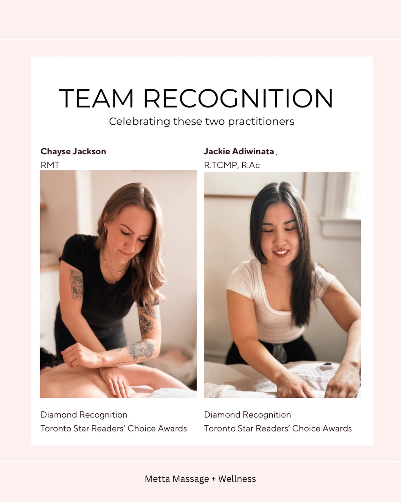 A little team recognition today 🤍
Congrats to Metta’s beloved team members, Chayse + Jackie, who were recognized in the Toronto Star Readers’ Choice Awards.
We don’t do this work for awards. Most people who choose this path do so because they genuinely want to help + because making someone feel better is more than reason enough.
But it does feel meaningful to see good people recognized by the community they care for.
Thank you for supporting our team + for shining a light on the very deserving @jackieacu + @chaysejackson_rmt 💫
We could not be more grateful for this acknowledgment!
🫶