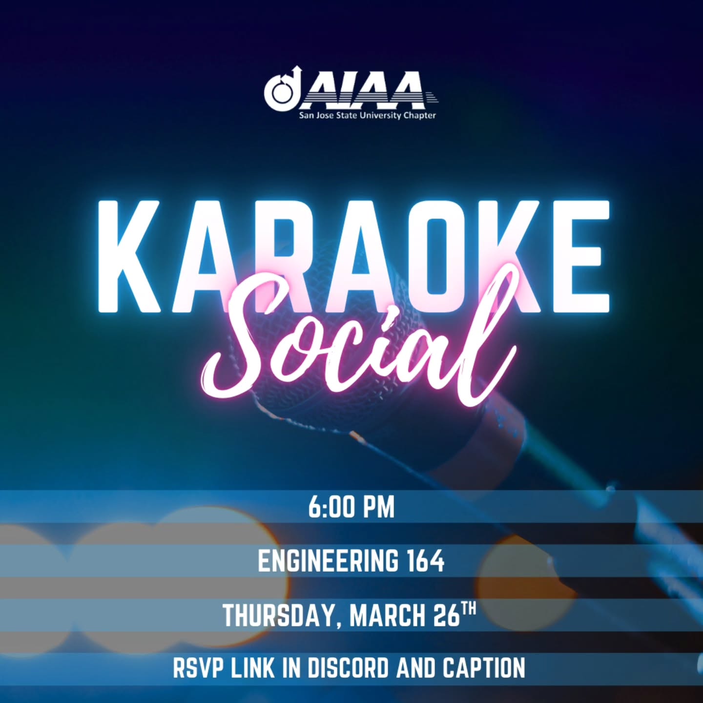 It's that time of the semester again.
Come out and spend the night away at this month's Karaoke Social!!
Scream your midterm worries or serenade your fellow peers. This is a night you do not want to miss.
RSVP link is in our bio!
This event is open to all! Bring your friends, homies, and comrades.
We hope to see you all there !
#sjsu #aiaa #karaoke #aerospace #engineering