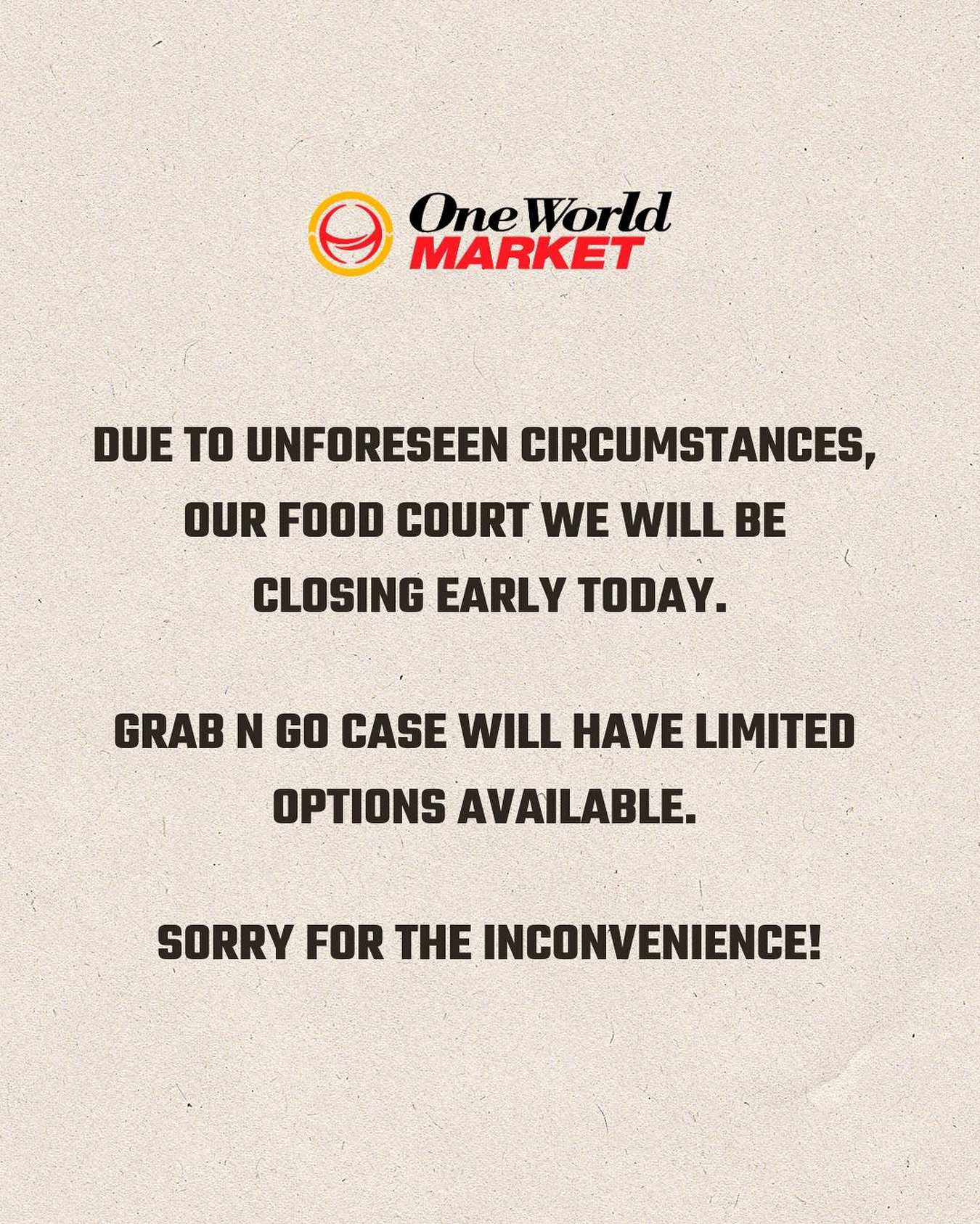We will be closing early today Indiana! The Grab n Go case will have limited options as well.
The market will be still be OPEN under normal hours today!
Sorry for the inconvenience!
📍One World Market
Indianapolis, Indiana