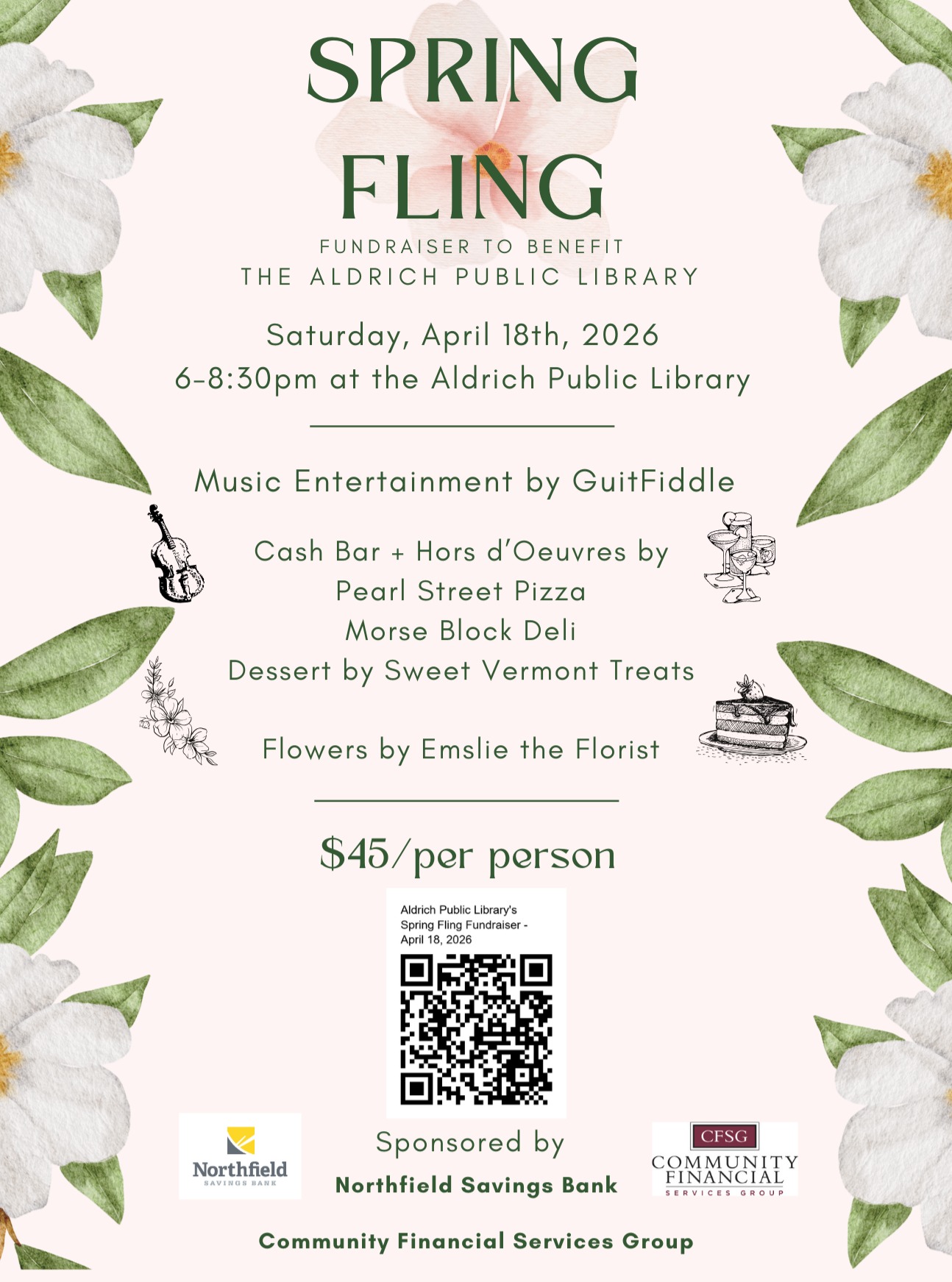 Spring Fling returns Saturday, April 18—our biggest fundraiser of the year. Enjoy the library after dark with great food from Pearl Street Pizza, sweet treats from Vermont Sweet Treats, live music by GuitFiddle, and more.
Can’t attend? You can still support the library with a donation. Every dollar helps us continue the important work we do for our community. Tap the link in our bio to purchase tickets or to donate online!