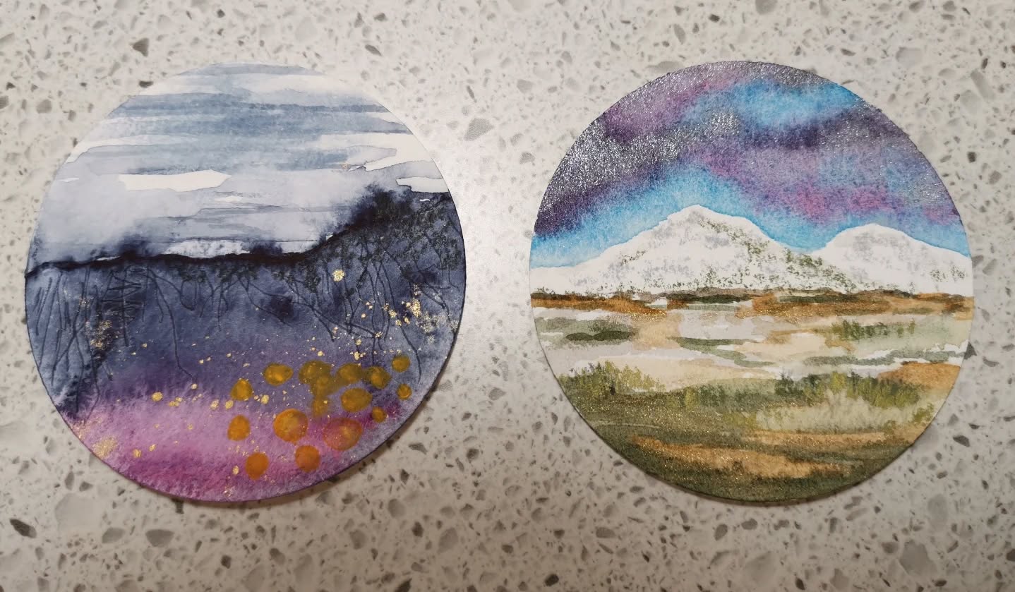 I haven't posted in a while, but I have been doing art! I did these several weeks ago. Watercolor landscapes on 3-inch circles with some Neocolor II crayons
#watercolorart #watercolormixedmedia #watercolorpainting #danielsmithwatercolors
#beampaints