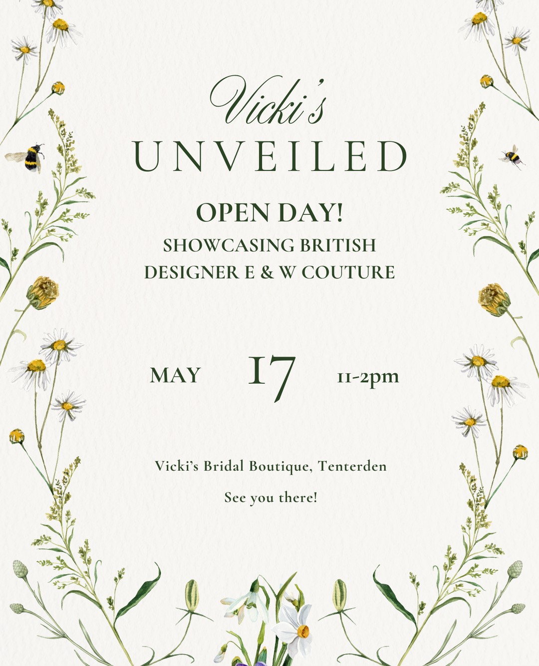 You're Invited!!🌷
Fall in love with E&W Couture. British Designed and Made in their Cardiff Studio. Creating modern, wearable wedding outfits for people who want to feel like themselves on their wedding day.
A collection of inclusive, sustainable, and adaptable gowns.
Come and meet us, explore a wider collection and get a feel for what we champion here at Vicki's Bridal Boutique. Step into the world of British Bridal.
Sunday 17th May 11-2pm
Open Day.
No pressure just a fun day.
RSVP required using the link in our bio⬆️