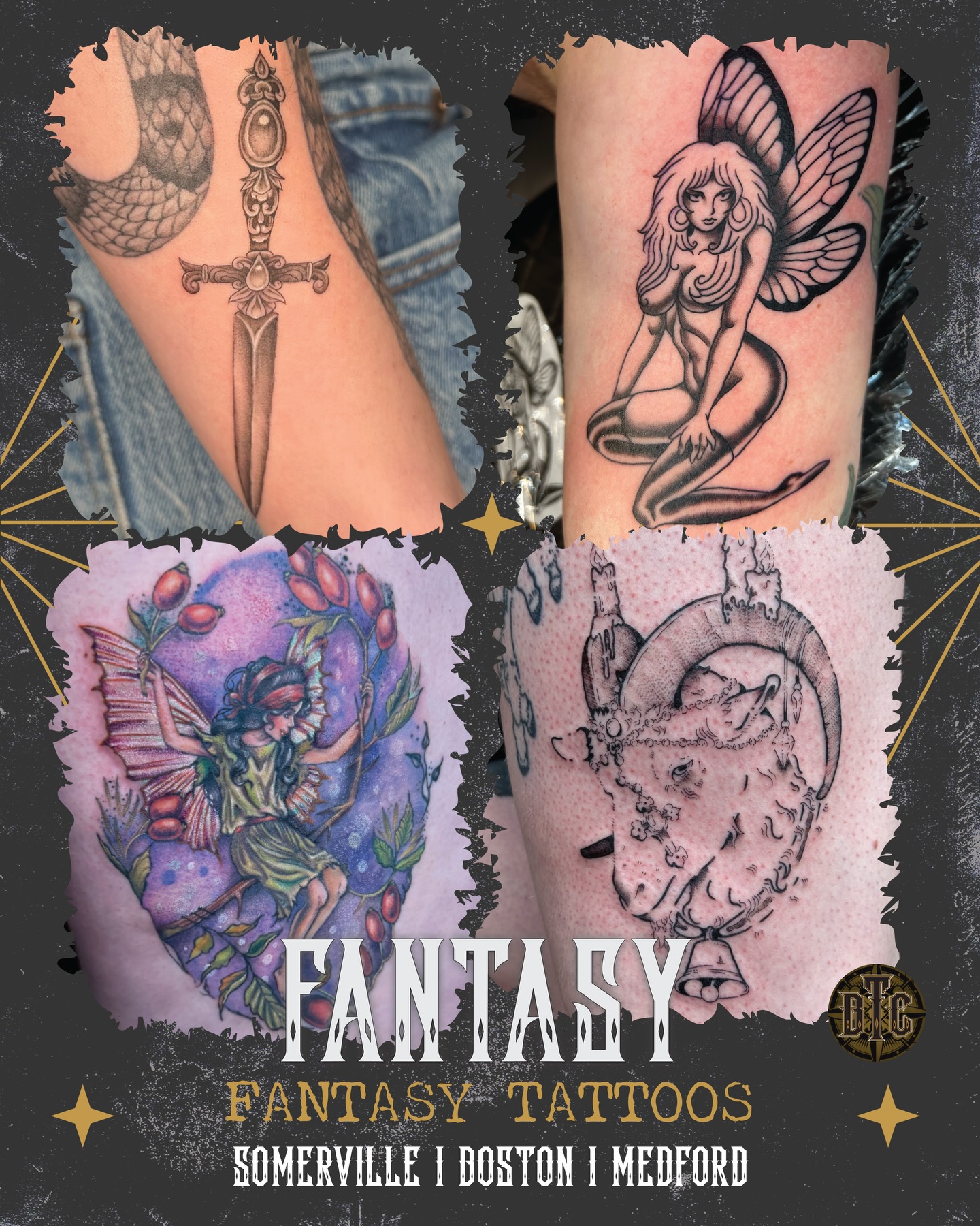 From mythical beasts to magical weapons, fantasy tattoos are a staple. Here are some of our favorite tropes (fairies, dragons, and more) done by resident artists at all three of our locations ⚔️
.
Featured in this post:
Cheddah @bigcheddiesbotanica (Somerville)
Hailey @allhailtattoos_ (Somerville)
Milo @mxminks (Somerville)
Kurt @dirtyblackboots (Somerville)
Tyler @tyylerbydesign (Somerville)
Grace @ghost_o_grace (Somerville)
Sparky @craigsparkstattoo (Medford)
Tate @tate.tattoos (Medford)
Gene @big_gene420 (Boston)
.
We take walk-ins 7 days a week at our Somerville, Medford, and Boston Tattoo Shops. Head to www.bostontattoo.com to start your online consultation form for large-scale fantasy tattoos 🧚♀️🧌🐉
.
#bostontattoo #fantasytattoo #colortattoo #tattoosleeve #blackandgreytattoo