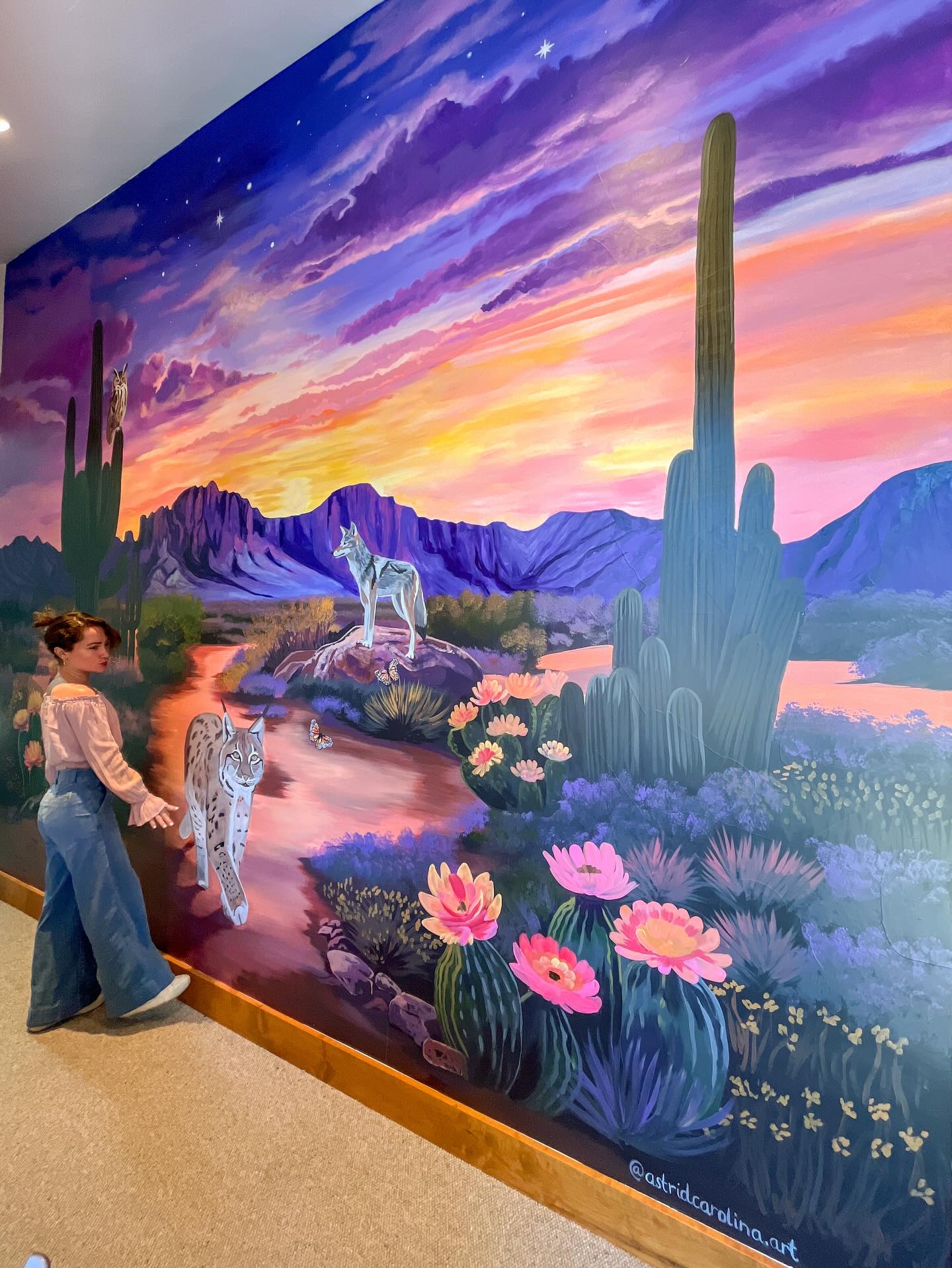 Step into a new world with me 🌵 desert mural in Truckee finished 😌🫶 this was a 14ft x 13ft piece for a hallway that leads to children’s rooms.
I want whoever is looking at my art to feel like they are stepping into a new, magical world. It brings me so much joy to know that these kids will grow up knowing that joy, happiness, beauty and magic is possible.
Art can change people’s lives just like it did to me and I am so grateful i get to do this now 🙏