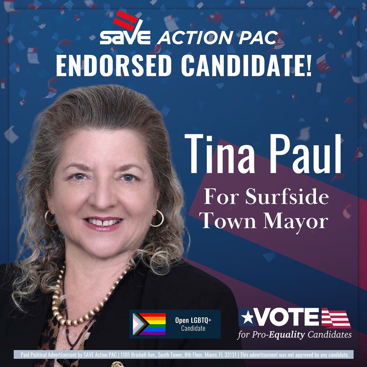 SAVE is proud to endorse Tina Paul for Mayor of Surfside.
With 8 years of service and 4 terms in office, Tina has built a strong record of leadership focused on resilience, infrastructure, and quality of life for Surfside residents.
From environmental protections and coastal resilience, to supporting small businesses and guiding the Town through the aftermath of the Champlain Towers South tragedy, Tina has consistently delivered for her community.
Tina is also an openly LGBTQ leader who has supported efforts that reflect dignity, visibility, and inclusion for all residents.
This race presents a clear contrast. Tina Paul brings experienced, steady leadership focused on moving Surfside forward.
SAVE is proud to stand with Tina.
Make a plan to vote. Click the link in our bio to access our Election Center.
