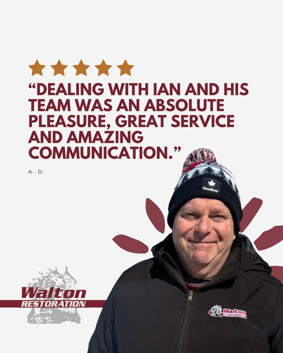 Thank you for taking the time to share your experience! At Walton Restoration, we are committed to providing top-quality service and ensuring our clients feel supported every step of the way. Your kind words motivate us to continue delivering exceptional restoration solutions.ā
ā
We appreciate your trust in us and look forward to being there whenever you need us.ā
ā
~ Walton Restorationā
24/7 Emergency Property Restorationā
š„ Fire š§ Water šØ Windā
905-725-5666ā
ā
www.waltonrestoration.comā
