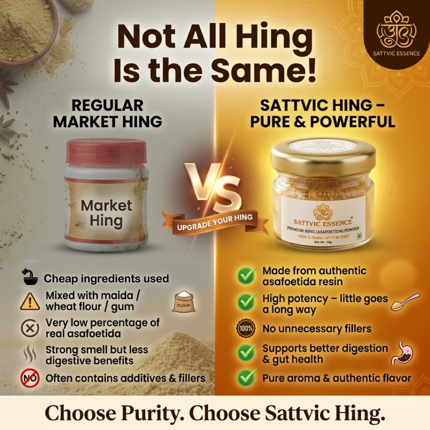 ⚠️ 90% of Hing in the market isn’t REAL Hing!
Most brands dilute it with maida, gum & cheap fillers…
That’s why you need more quantity but get less benefits.
✨ Switch to Sattvic Hing – Pure & Powerful
✔ Made from authentic asafoetida resin
✔ High potency – just a pinch is enough
✔ No fillers. No compromise.
Upgrade your kitchen with purity 🌿
🛒 Shop now:
www.sattvicessence.com
Also available on Amazon & Flipkart
#SattvicEssence #PureHing #Asafoetida #HealthyCooking #CleanEatingIndia AyurvedicLifestyle IndianKitchen NoFillers PremiumQuality GharKaKhana