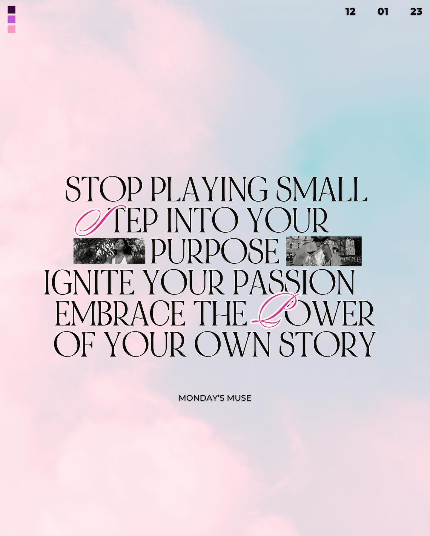 Welcome to December, Muses! 🌟 As we step into the final chapter of the year, let’s shed the hesitation and embrace our full potential. No more playing small - it’s time to step into our purpose and ignite the passion that drives us. Let’s end this year with a bang, making every moment count. Are you ready to turn your dreams into reality? Let’s make this month unforgettable! #itsmondaysmuse
#StepIntoYourPurpose #IgniteYourPassion #motivation