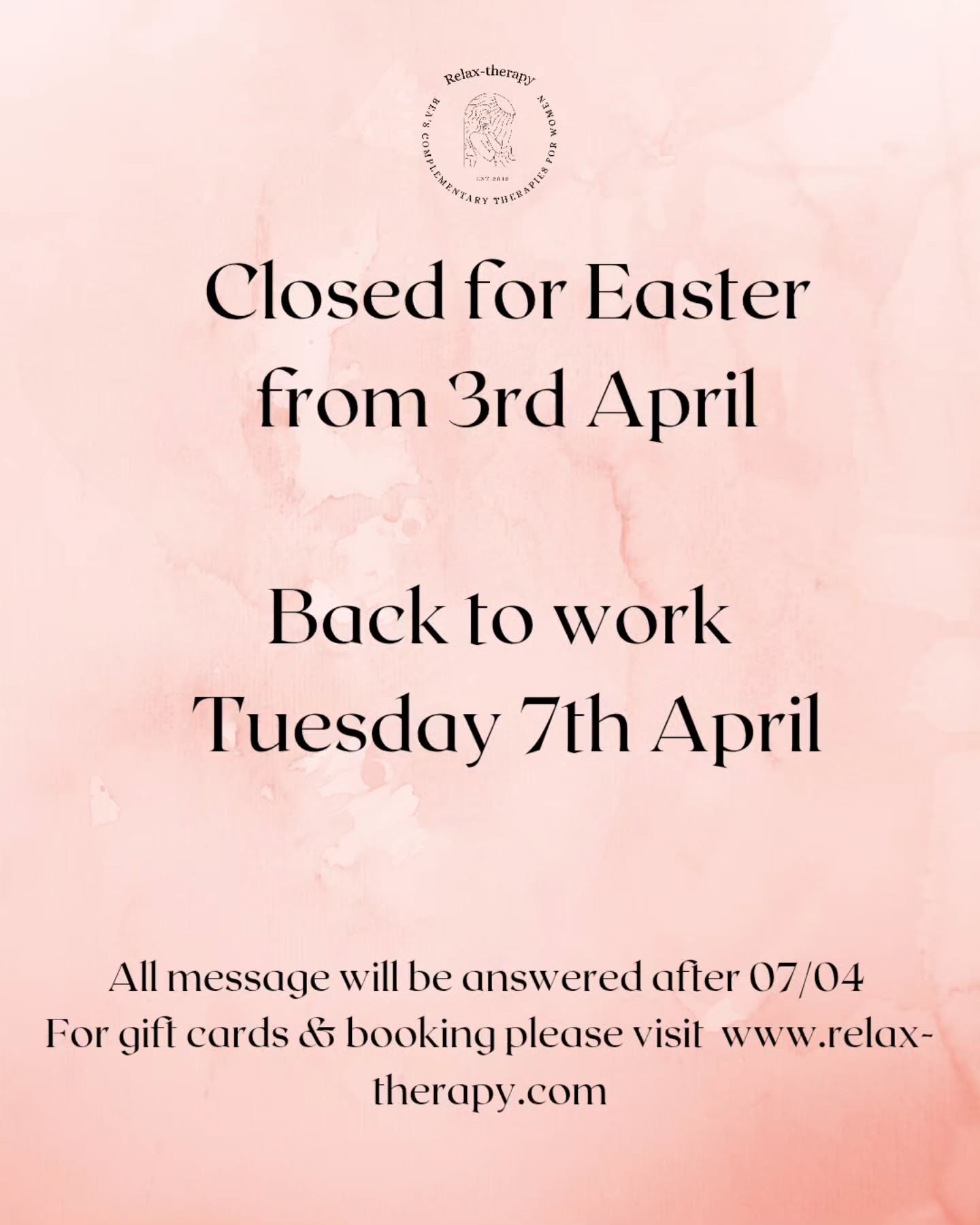 Gentle reminder.
First time in 15 years I am taking a break for Easter.
Few slots still available for April and May is filling up slowly.