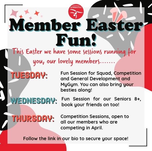 🐣 EASTER MEMBER SESSIONS 🐣
We are excited to share some evening sessions we are running over the Easter holidays! Please follow the link in our bio to book now! ✨
If you have any questions, please don’t hesitate to contact us! All details listed below 👇
✉membership@cotswoldgymnastics.co.uk
💻www.cotswoldgymnastics.co.uk
-—————————————
#cotswoldgymnasticsclub #cotswoldgymclub #gymnastics #cirencester #ciren cirencesterclubs thingstodoincirencester thingstodoinciren cirencesterlife cirencesterbusiness cirencesterrocks cirencestermums cirencestertown cirencesterlocals cirencesterevents newclass newevent gloucestershire gloucester gloucestershirelife gloucstershireevents cotswolds cotswoldslife thecotswolds cotswoldsevents discovercotswolds kidsactıvıtıes