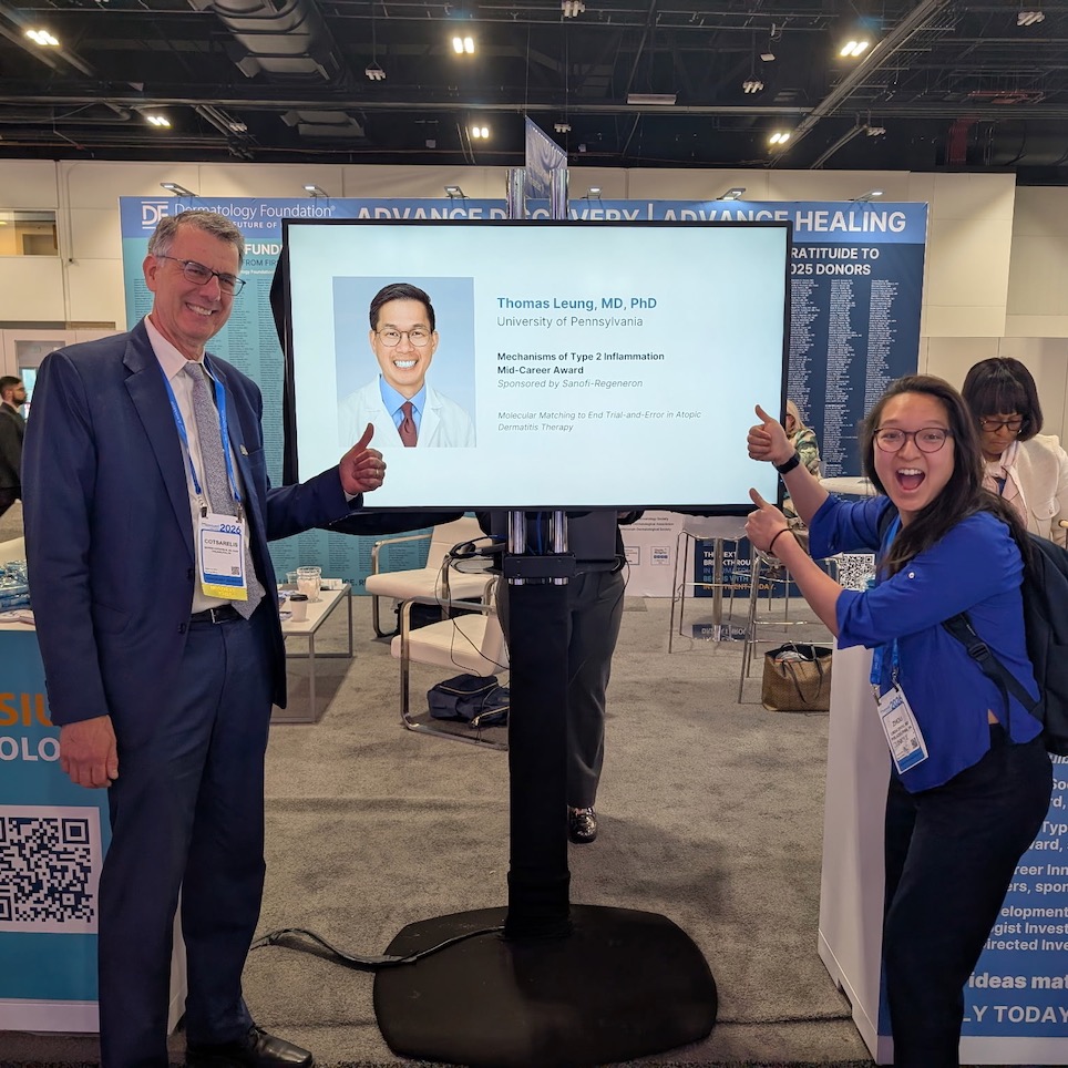 Double win for the team! 🏆🏆 We couldn’t be prouder to have the lab’s work recognized today by the Dermatology Foundation.
Swipe to see the highlights:
Linda Zhou, MD, PhD, celebrating her Dermatologist Investigator Research Fellowship for her research into foam-cell biology.
A great moment with our Chair, Dr. George Cotsarelis, as we celebrated the Mid-Career Award for our work in precision medicine and Type 2 inflammation.
It is an honor to represent @pennmedicine and the Penn 4D Center as we work toward better outcomes for patients with inflammatory skin diseases. 🔬✨
#PennDermatology #LabLife #SkinResearch #PrecisionMedicine #DF2026 #MedicalResearch