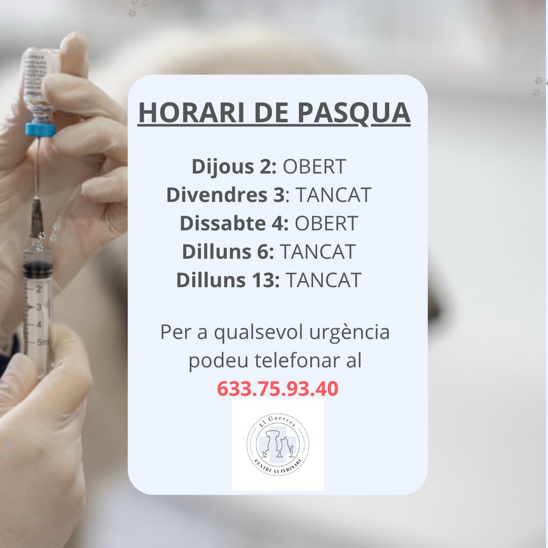 HORARI DE PASQUA 🐣
Estem ja damunt de Pasqua i açí teniu els dies que el centre tancarà estes Pasques. Si necessiteu atenció veterinària i estem tancats podeu telefonar al telèfon de la clínica i vos atendré el més pronter possible 🐶🐱
Vos dessitge que paseu unes Bones Pasques i recordeu que el xocolate és tòxic per als nostres animals. ⚠️🐱🐶 Aixina que per molta cara de pena que ens fagen, NO DONAR RES QUE TINGA XOCOLATE ⚠️🐶
🐰🌼🐰🌼🐰🌼