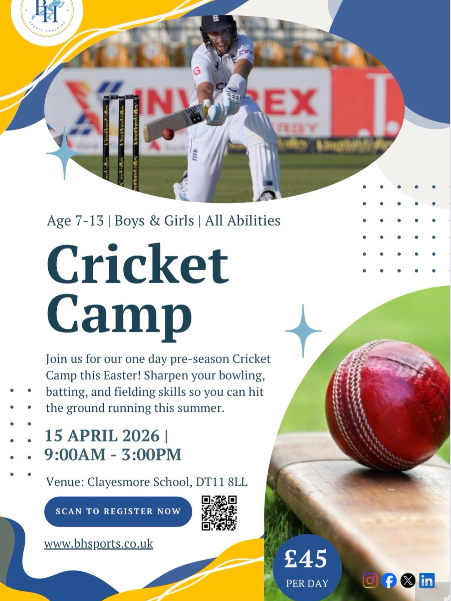 Join us for our one day pre-season cricket camp this Easter Holidays at Clayesmore ๐
With a mix of match play, net sessions, and the chance to train with the bowling machine, this is the perfect camp to get ready for the new season!
Limited spaces still available! Follow the link here to book today: https://www.bhsports.co.uk/book-online
#CricketCamp #EasterHolidays #SportForAll #Clayesmore #BHSports