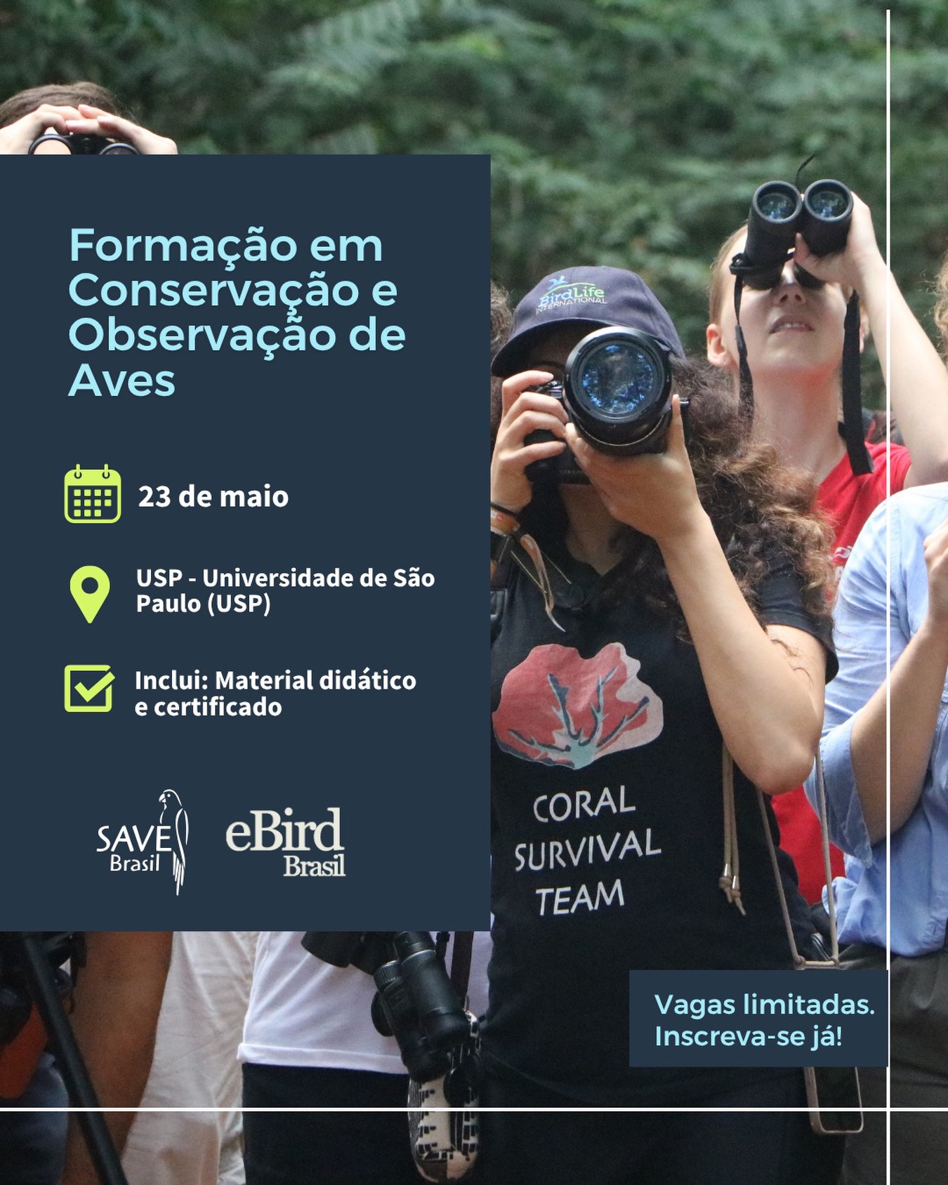 Começar na observação de aves pode parecer difícil, mas não é.
Esta edição da Formação em Conservação e Observação de Aves da SAVE Brasil foi estruturada como uma introdução pra quem quer dar os primeiros passos na observação das aves, combinando teoria e prática ao longo de um dia inteiro de imersão.
Na parte da manhã, você percorre temas fundamentais como:
• diversidade e identificação de aves;
• comportamento, vocalização e migração;
• desafios e caminhos para a conservação;
À tarde, você participa de uma saída de campo com observação de aves, aplicando o que aprendeu. E tem mais: ao se inscrever, você também apoia a conservação.
💚 Doe R$100 e participe da formação.
📅 23 de maio
📍 USP – São Paulo
🎯 45 vagas
Inscrições no link da bio @savebrasil. Acesse a página de doação e saiba mais!