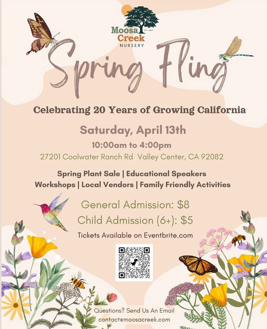 🚨 Schedule of Events for our Spring Fling event next Saturday!!
Speakers and Workshops: Featuring CNPS member Lee Gordon, Greg Rubin from California’s Own Native Landscape and Lacey Cannon of @indigenousregeneration
🌱
- Incredible lineup of speakers
- Local Artisans
- Live music by @acousticmuseband & @recor.dusty
- CA Native plant landscapers
- CNPSSD Seed & Bulb Sale
- Berta N Odina’s Food Truck & Ruthie’s Coffee Truck
- Spring Plant Sale with 20% off all plants
We can’t wait to see you there! Tickets available through EventBrite- link on our profile.
#californianativeplants #pollinators #socal #socalevents
#valleycenterfriends #bethechangeplantnatives #moosacreeknursery