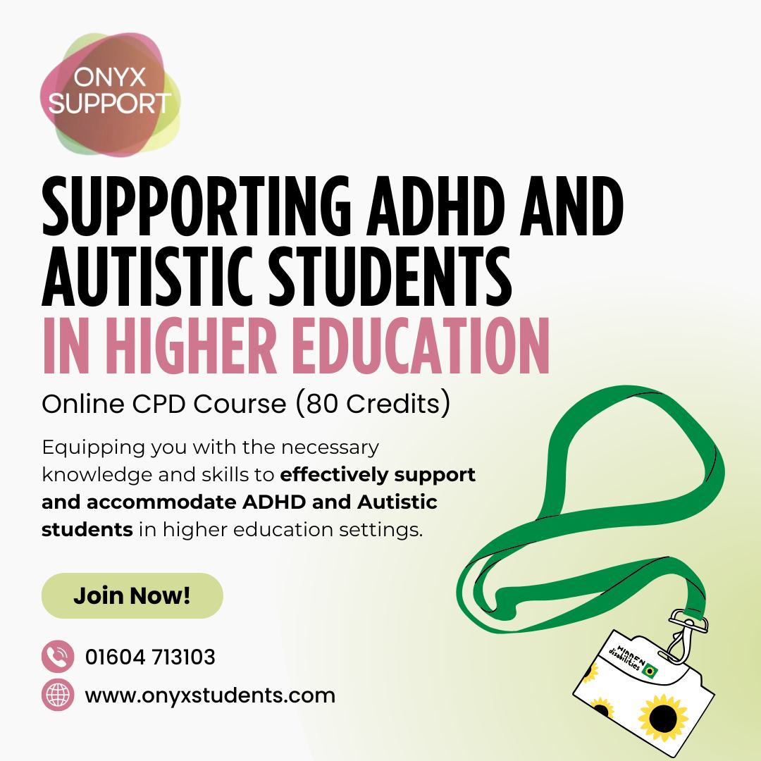 Want to feel more confident supporting ADHD and autistic students in higher education? đ
Our CPD training helps you build the knowledge, practical strategies, and inclusive approaches that make everyday learning and support more accessible. Strengthen engagement and wellbeing, reduce barriers, and help students thrive â academically and personally.
đ Join now: www.onyxstudents.com/cpd
#CPDTraining #Neurodiversity #ADHDSupport #AutismAcceptance #InclusiveEducation #StudentWellbeing