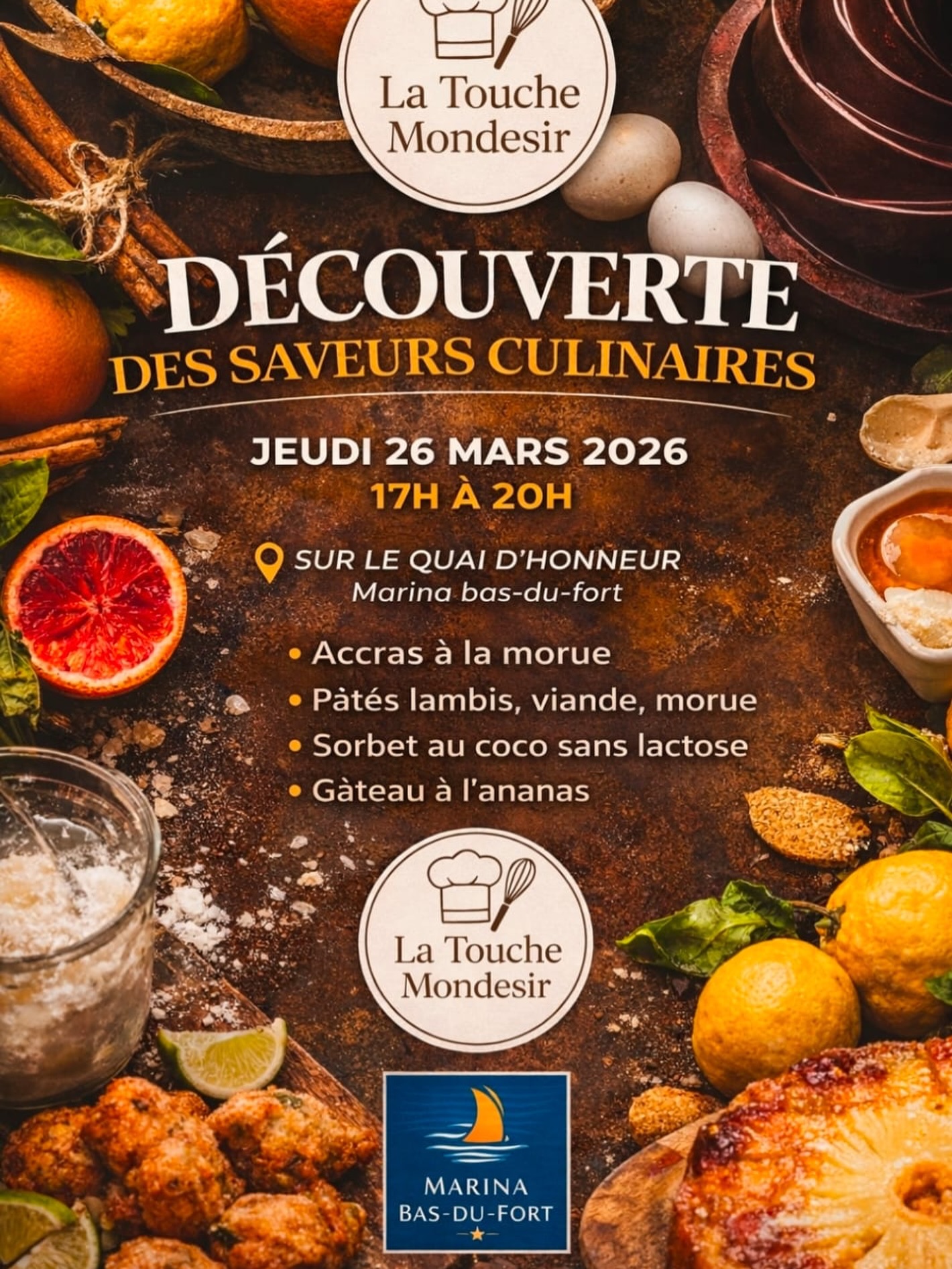 DÉCOUVERTE DES SAVEURS CULINAIRES
La Marina Bas-du-Fort vous donne rendez-vous pour une expérience gourmande unique…
Plusieurs artisans culinaires seront présents pour vous faire découvrir leurs spécialités, partager leur savoir-faire et vous faire voyager à travers des saveurs authentiques.
Et aujourd’hui, nous avons le plaisir de vous présenter le premier d’entre eux :
La Touche Mondesir
Au menu :
Accras à la morue
Pâtés (lambi, viande, morue)
Sorbet coco sans lactose
Gâteau à l’ananas
Des produits faits avec passion, à déguster sur place ou à emporter.
Jeudi 26 mars 2026
17h à 20h
Quai d’honneur – Marina Bas-du-Fort
Restez connectés… d’autres talents culinaires seront dévoilés très bientôt.
#marina #guadeloupe