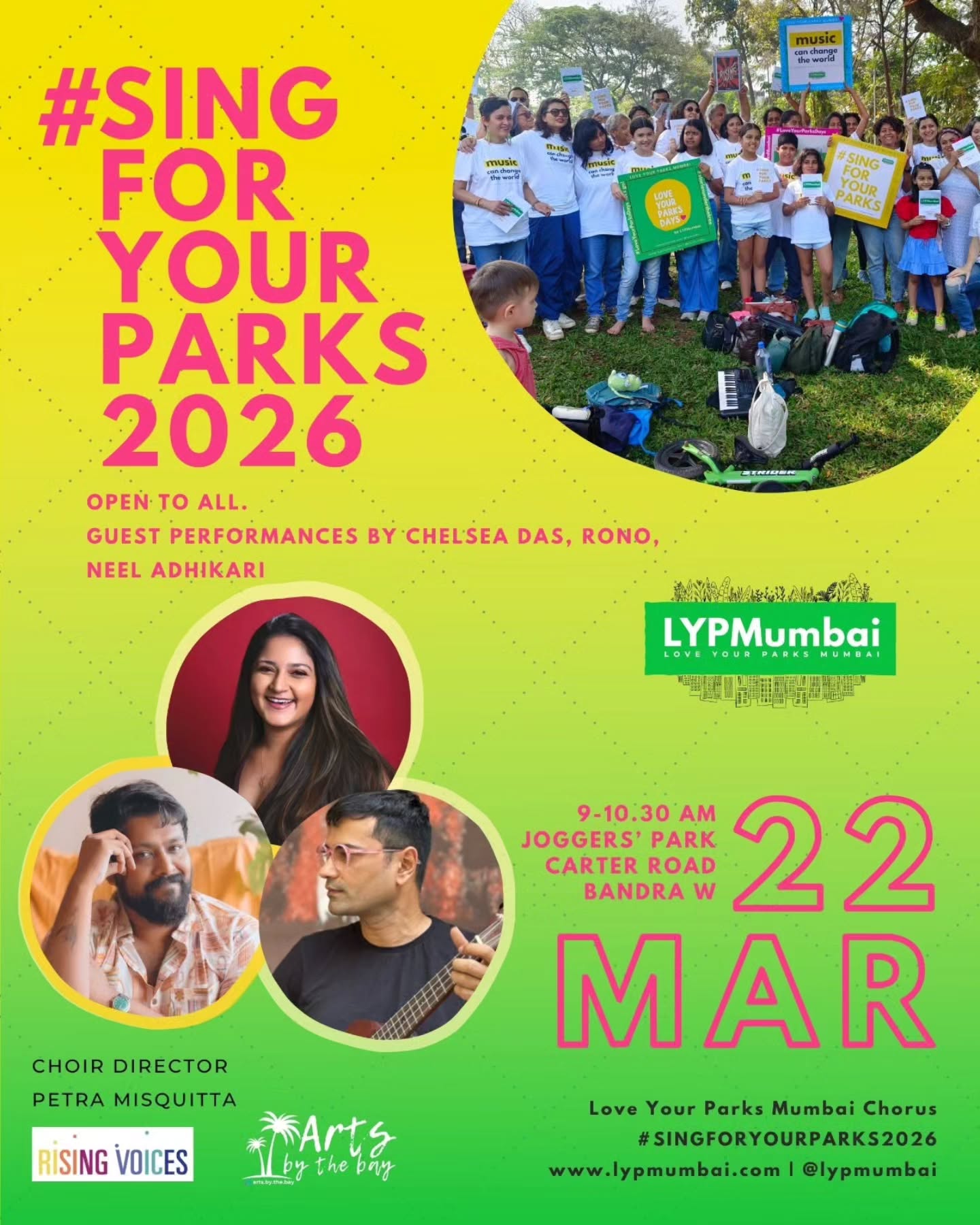 SingForYourParks is back!
LYPMumbai chorus and friends, let's go!
SAVE THE DATES:
Love Your Parks Mumbai invites you to a beautiful weekend:
SATURDAY, 21st March : Open rehearsal - community choir singing workshop
Free. Limited seats. More info and RSVP on www.lypmumbai.com (link in stories too)
Surprises for the first 10 people who come :)
SUNDAY, 22 March
Lots of fun for all ages, Free and open to all
Bting a book to swap, join us for outdoor games, fun boardgames and lots of masti!
Check posters for all info :)
LYPMumbai chorus brings us hope.
Choir director: Petra Misquita ft. Rising Voices
Music can change the world. And it's always better when we're together! Do you agree?
Tag someone who should sing/ hang out with us!
Join us as we fill our parks with music this season!
#loveyourparksmumbai #loveyourparksdays
#singforyourparks
