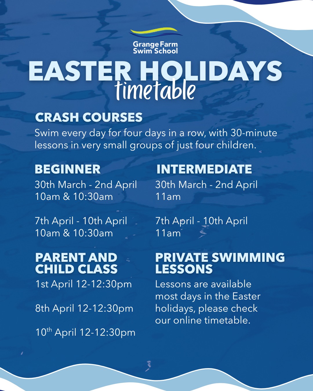 🐣 Easter Holiday Swimming Reminder 🏊♂️
Don’t forget our Easter holiday sessions are filling up fast!💦
From Crash Courses in small groups of just 4, to Parent & Child classes for under 3s and private lessons, there’s something for every age and ability to build confidence and progress in the water.
Perfect for keeping little ones active and learning over the holidays 🌸
📅 Running throughout the Easter break
🔗 Book now: bookwhen.com/holiday-lesson-bookings
Spaces are limited - don’t miss out!