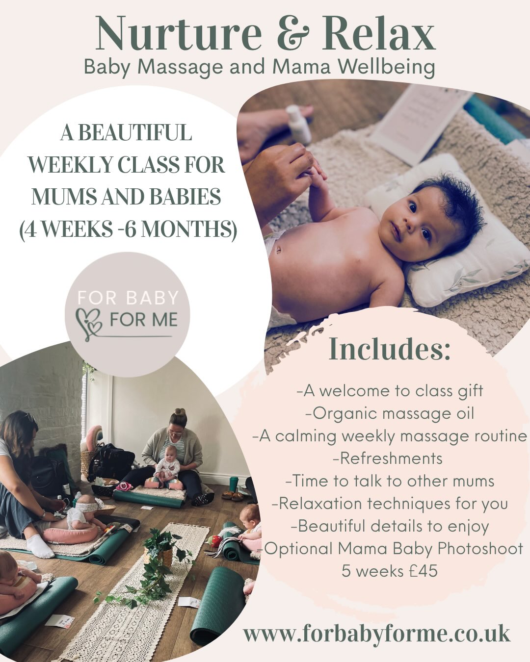 Baby Massage Sessions In April. Perfect for babies 4 weeks plus to 6 months. A couple of spaces left in Mirfield and Brighouse. Come and join me. For babies aged 4-5 month plus check out my nurture and stretch sessions which include massage yoga singing and play. Xx