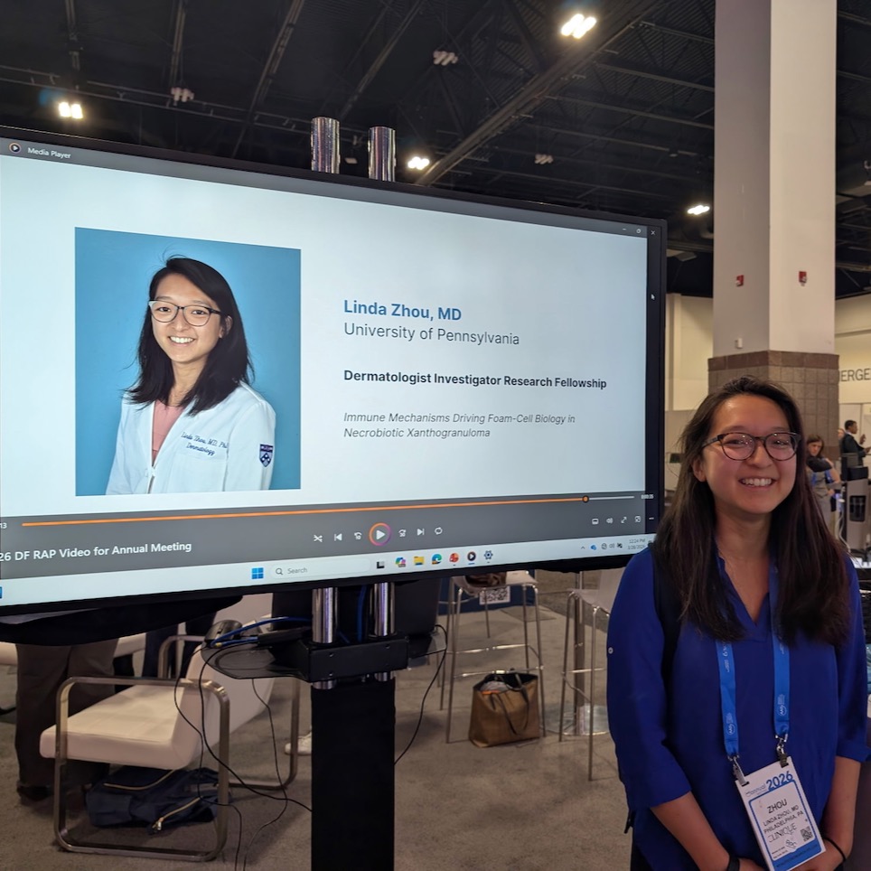 Double win for the team! 🏆🏆 We couldn’t be prouder to have the lab’s work recognized today by the Dermatology Foundation.
Swipe to see the highlights:
Linda Zhou, MD,PhD, celebrating her Dermatologist Investigator Research Fellowship for her research into foam-cell biology.
A great moment with our Chair, Dr. George Cotsarelis, as we celebrated the Mid-Career Award for our work in precision medicine.
It is an honor to represent @pennmedicine and the Penn 4D Center for Human Skin Biology. 🔬✨
#PennDermatology #LabLife #SkinResearch #PrecisionMedicine #DF2026 #MedicalResearch