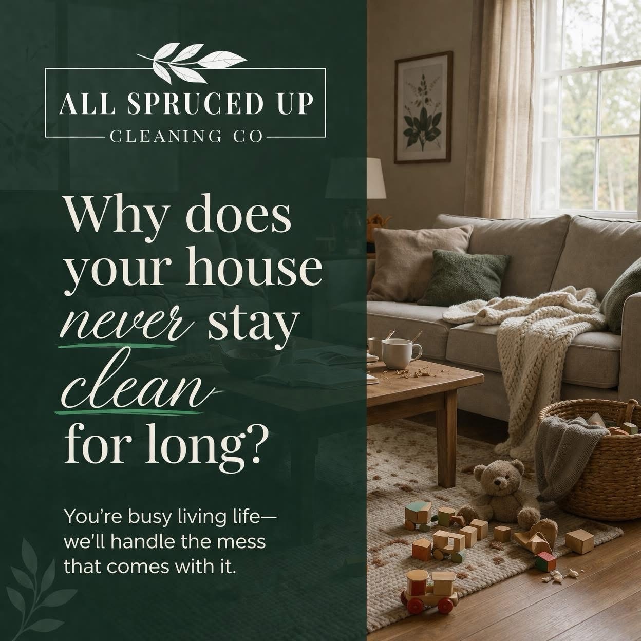 Why does your house never stay clean for long?
It is not because you are doing it wrong.
It is because you are doing it alone without a system.
Cleaning is not a one-time task. It is a cycle.
And without consistency, it resets right back to chaos.
We help you stay ahead so your home actually feels clean longer.
