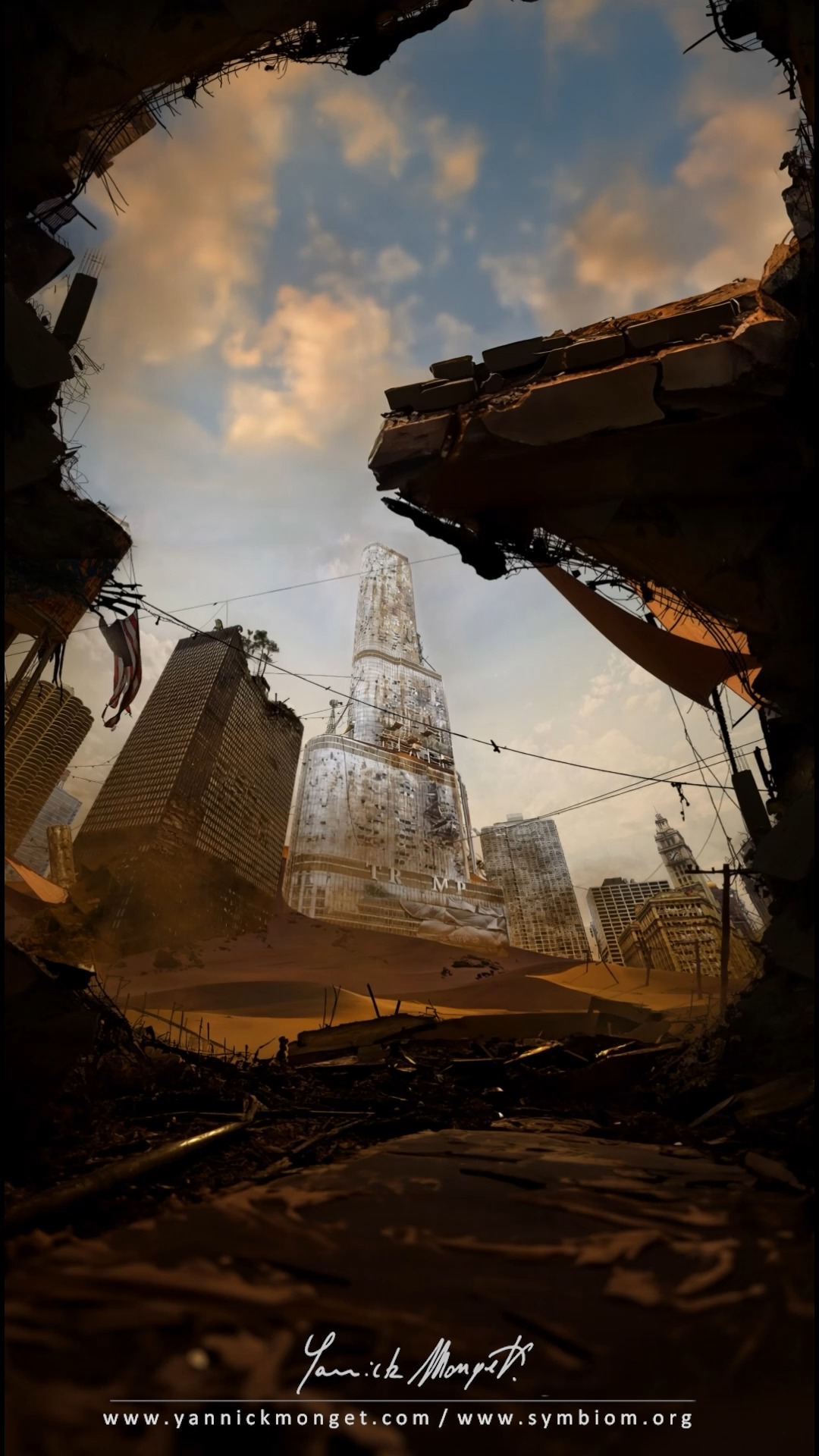 Les dunes de sable envahissent la forêt d’immeubles de Chicago, sur les anciennes rives du lac Michigan, depuis longtemps asséché par l’emballement du réchauffement climatique. On y reconnaît encore la silhouette du cœur de la ville et certains des bâtiments les plus connus de l’ancienne cité : ceux de la Marina City dont la Trump International Tower de l’agence d’architectes Skidmore, Owings and Merrill, ou le Wrigley Building, édifié dans les années 1920 dans le quartier historique de la ville.
Comme un ironique retour de l’histoire, la Tour Trump, du nom de cet ancien président américain qui niait la réalité du réchauffement climatique à son époque, apparaît ici abandonnée au cœur d’un paysage désertique. Ce vestige d’un monde rattrapé par l’emballement de l’effet de serre, amorcé au XXe siècle et amplifié de manière exponentielle au fil des siècles suivants, est devenu ici le symbole de l’aveuglement et de l’irresponsabilité d’une humanité qui jadis habitait les ruines de ce monde disparu.
__________________
SOURCE : Peinture numérique tirée du livre d'art HOPES, Symbiom Editions
Livre disponible sur www.symbiom.org
__________________
NOTES SUR L'IA : L'œuvre originale à la base de cette projection est une œuvre artistique, réalisée sans aucun recours à l'IA / L'intelligence artificielle n'est utilisée ici que comme outil complémentaire permettant d'animer et explorer l'avenir dessiné par l'auteur.