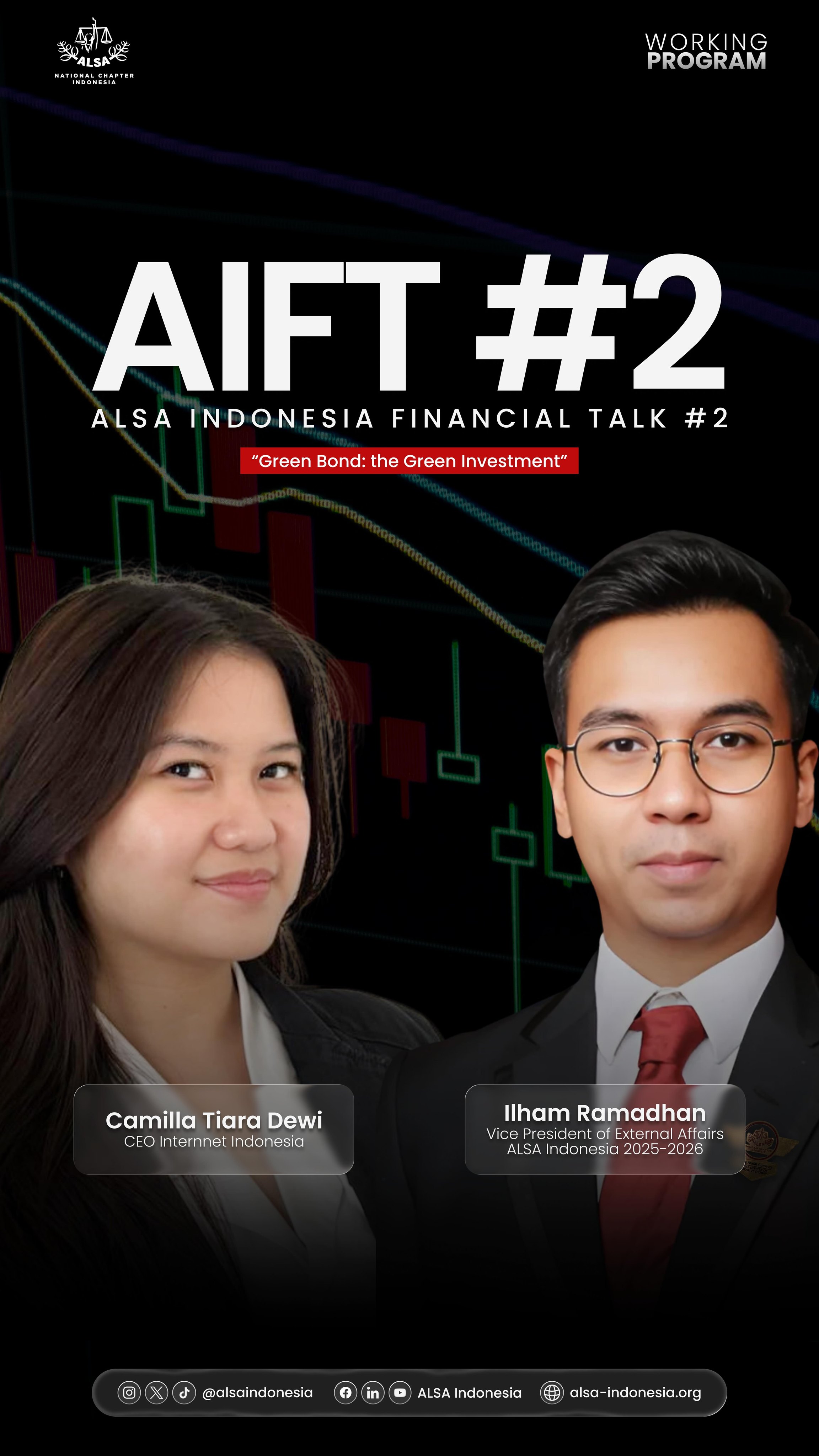 Warm Greetings, ALSAians!
We are delighted to present to you, ALSA Indonesia Financial Talk #2, with the theme of “Green Bonds: the Green Investment”. This time around, we are exploring a unique investment instrument that can give an impact to the environment in a sustainable way. Go listen to it right away!
ALSA, Always be One!