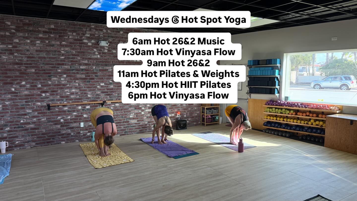 Wednesdays @hotspotyogasta ๐ฅ
6am Hot 26&2 Music
7:30am Hot Vinyasa Flow
9am Hot 26&2
11am Hot Pilates & Weights
4:30pm Hot HIIT Pilates
6pm Hot Vinyasa Flow
#wellness #fitnessmotivation #healthybodyhealthymind