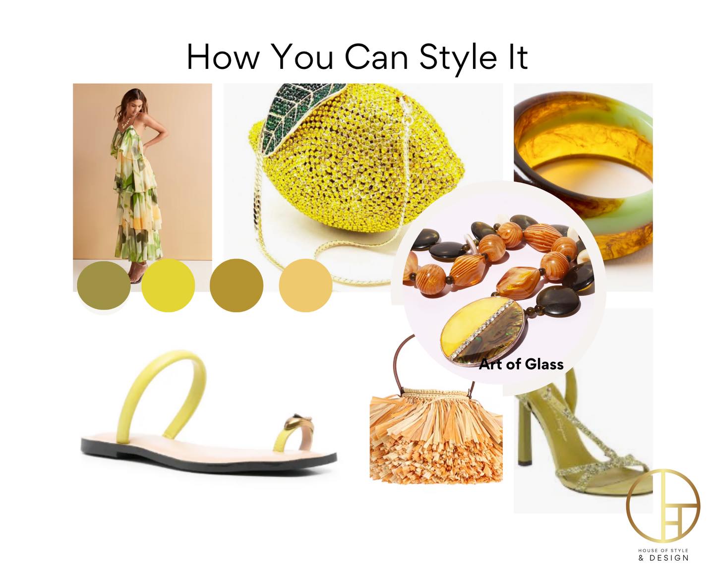 How can you style the ART OF GLASS necklace?
Look forward to Spring with this light and airy outfit. What grounds it, is this reimagined statement necklace created by me, Andrea Guidera, featuring a two-time metal oval pendant in a green and yellow abalone and diamanté design.
Dress - ASOS
Diamanté heeled sandal - Ferragamo
Yellow flat sandal - TWINSET
Straw handbag - Gatti Meloni
Bangle - Oliver Bonas
#moodboard #fashion #styleadvisor #beadjewellerydesign