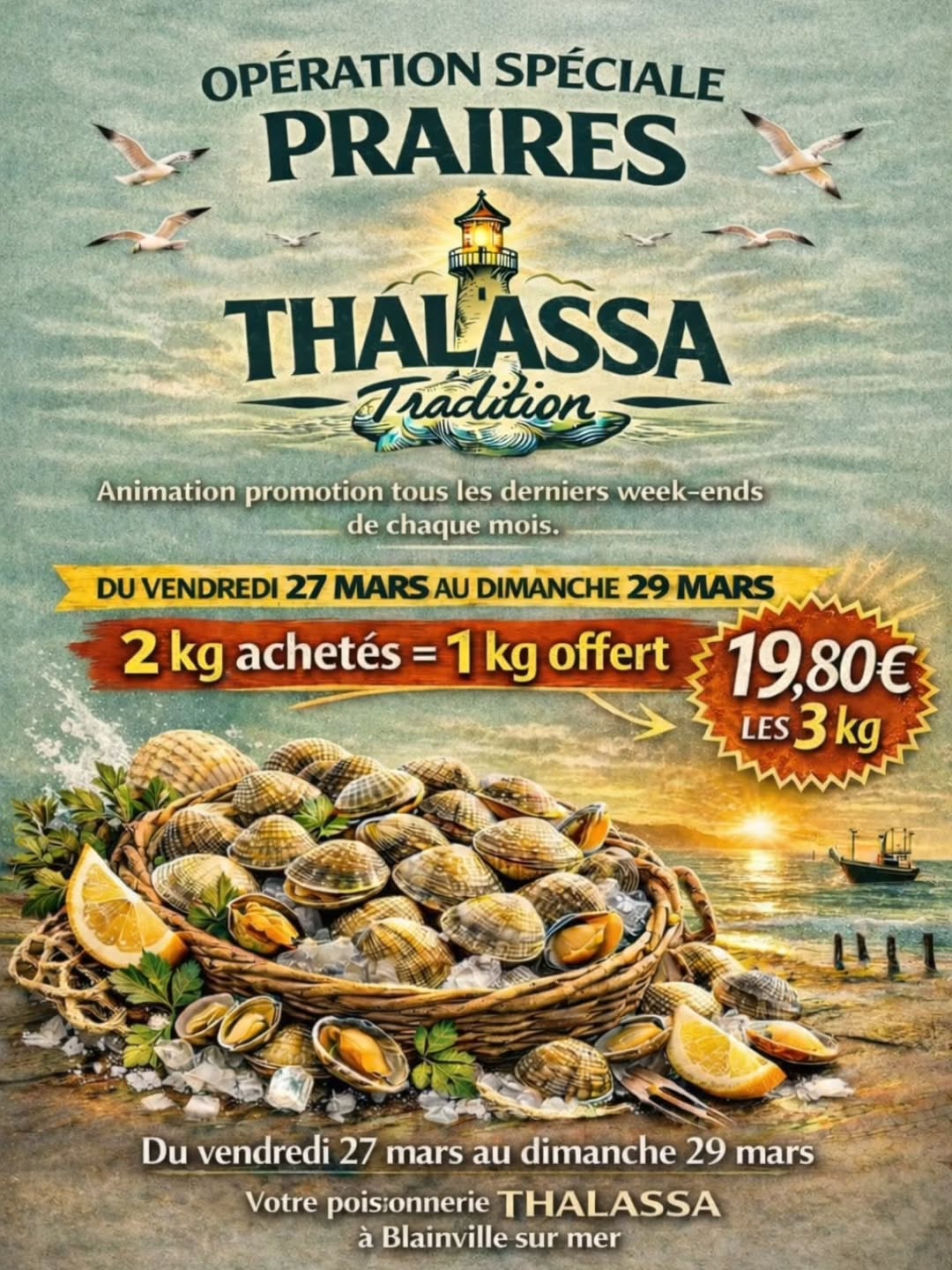 🌊✨ OPÉRATION SPÉCIALE PRAIRES ✨🌊
Votre poissonnerie Thalassa Tradition vous propose une offre exceptionnelle à ne pas manquer !
🦪 2 kg achetés = 1 kg OFFERT
💥 Seulement 19,80€ les 3 kg
📅 Du vendredi 27 au dimanche 29 mars
📍 À Blainville-sur-Mer
Profitez de praires fraîches et savoureuses pour vos repas en famille ou entre amis 🥂
⚓ Offre valable tout le week-end… dans la limite des stocks disponibles !
👉 Venez vite en boutique, on vous attend nombreux !
