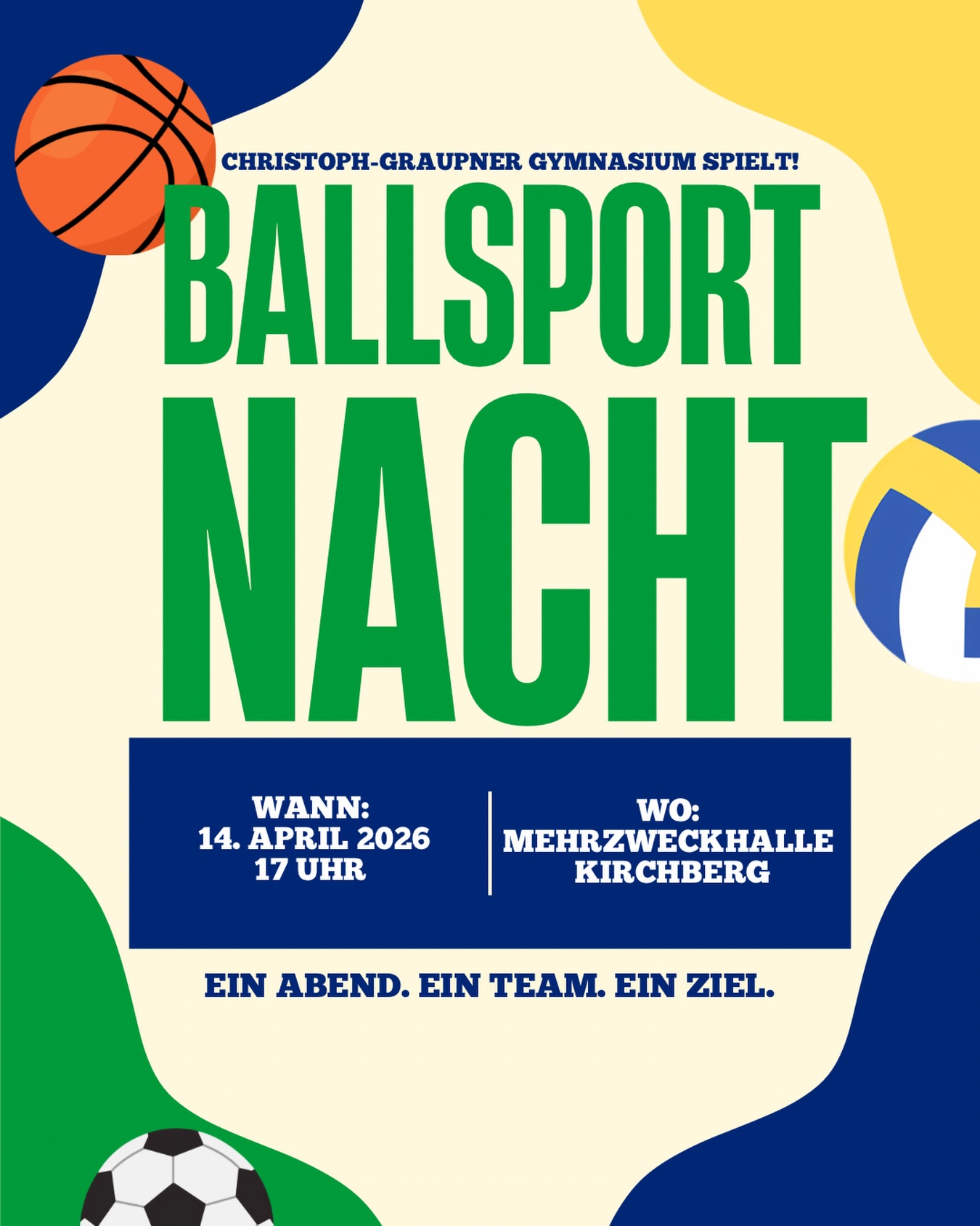 Am 14. April ist es endlich wieder soweit: Die Ballsportnacht steht an. Ein Abend voller Action, Teamgeist und spannender Spiele erwartet euch. 😊
Schüler gegen Lehrer
Ein bekanntes Match – aber dieses Jahr könnte alles anders laufen 👀.
Denn die Schüler sind stärker besetzt als je zuvor, top vorbereitet und hochmotiviert.
Liebe Lehrer und Liebe Lehrerinnen, Sie können sich warm anziehen! Denn dieses Jahr werden die Schülerinnen und Schüler gewinnen! 🔥
Freut euch auf einen Abend voller Action, Teamgeist und Spaß!
#ballsportnacht #sportevent #graupnergym