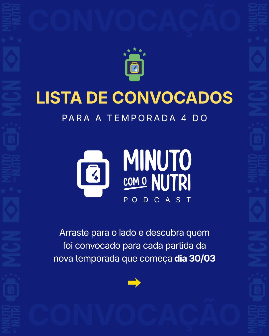 🇧🇷 SAIU A LISTA OFICIAL dos convocados para a quarta temporada do Minuto com o Nutri Podcast
Arraste para o lado e descubra quem são os convocados, posição na qual cada jogador foi escalado e tema que será defendido, na temporada deste ano do Minuto com o Nutri. Pois a espera acabou!!!
Se você estava em dúvida se o jogador X ou Y seria convocado, agora a sua dúvida terminou. A lista oficial do Mister Ancelotti sairá apenas em maio, porém, em comum acordo com o mesmo, ele me concedeu a permissão de já disponibilizar quem serão os nutricionistas, médicos e empreendedores convocados para a temporada 4 de convidados (as) do Minuto com o Nutri Podcast.
O Podcast hospedado no Spotify, continua com episódios TODA SEGUNDA-FEIRA, sempre disponíveis a partir das 6h, que são os Endupills. Agora com a nova temporada, é fácil de você lembrar: SEMPRE na PRIMEIRA segunda-feira de cada mês, será postado um episódio com algum dos convocados. E assim como as vezes no futebol tem jogo de quarta e domingo, em alguns momentos vou disponibilizar até 2 episódios com os convocados, no mesmo mês.
A primeira partida (episódio) já tem data marcada: vai ao ar na próxima segunda-feira. Basta você clicar no link na minha Bio, no link enviado no Beyond the Carbs, ou buscar diretamente no Spotify por “Minuto com o Nutri Podcast” ou “Felipe Ribeiro”, que toda segunda pontualmente às 6h haverão novos episódios para você.
Nutrição e Suplementação da ciência para a sua prática clínica, de modo leve, prático e direto ao ponto, é no Minuto com o Nutri Podcast.