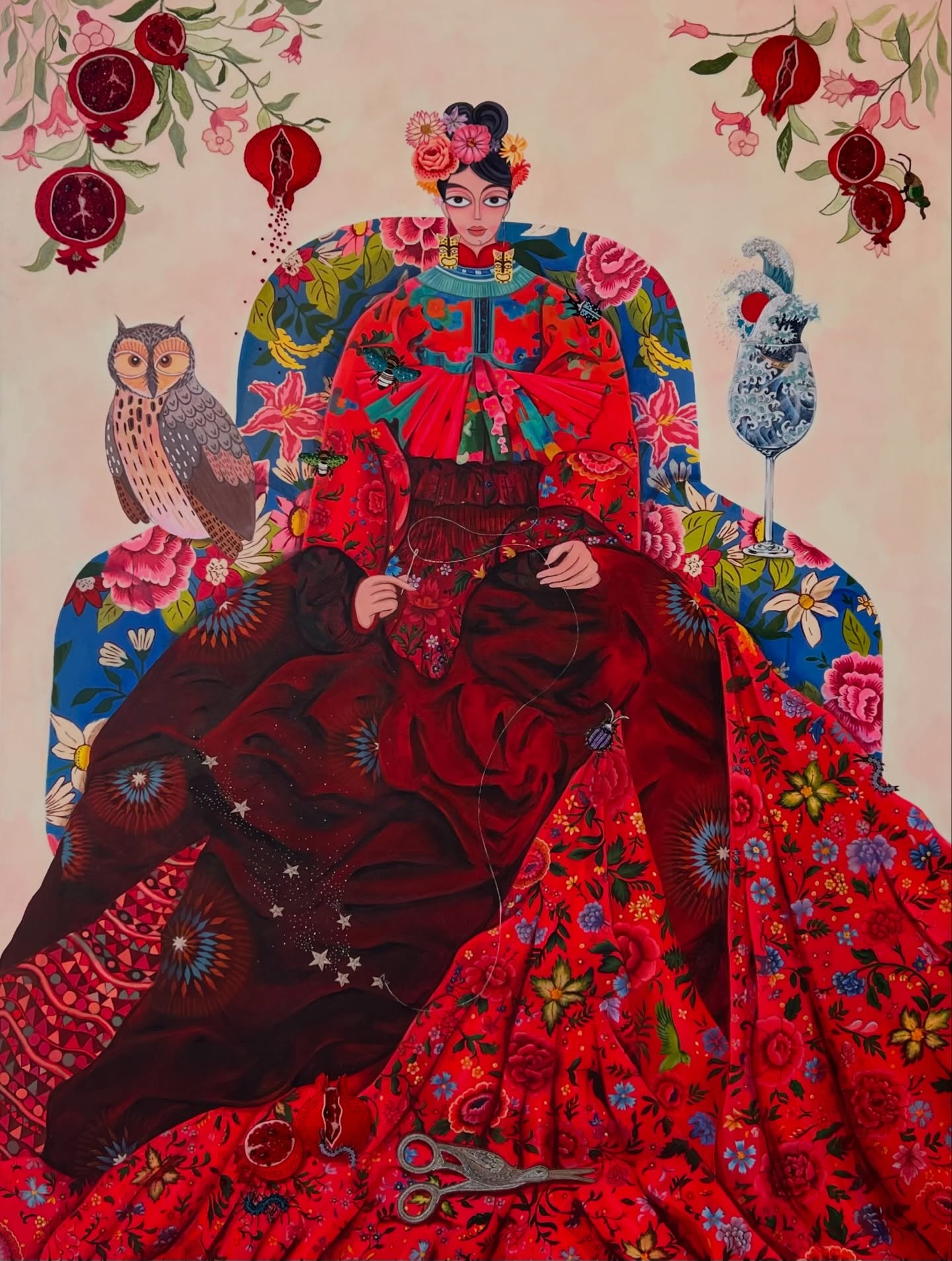 “MeNoPause” (Details)
6 feet x 4 feet 6 inches
Embroidery, beadwork and acrylics on canvas
2026
MeNoPause is a declarative work emerging from a deeply personal yet culturally charged transition. In my mid forties, I resist the idea of retreat or quieting, claiming this moment instead as expansion. The title reframes menopause as “Me No Pause” a refusal to diminish and a conscious interruption of inherited narratives.
I portray myself in composed stillness, yet the composition is alive with saturated reds, florals, and bursting pomegranates symbols of abundance that extend beyond biology into creativity, desire, and vision. My life remains ripe, ambitious, and in motion.
Embroidery enters at this scale for the first time, marking both a formal and conceptual shift. Each stitch becomes an embodied metaphor delicate yet piercing, meditative yet laborious holding the tension between pain and beauty. Beaded waves evoke resilience, while insects move through the work as witnesses to past struggles that now ornament survival.
This, my largest and most intricate work, asserts visibility against expectations of midlife invisibility. It does not deny change, but reframes it as ripening, as becoming. A celebration of a self that is clearer, more embodied, more powerful.
This is not a closing chapter.
It is expansion.
Gaurvi
On display @galleryespace
Curated by @sattybatty
#Me No Pause