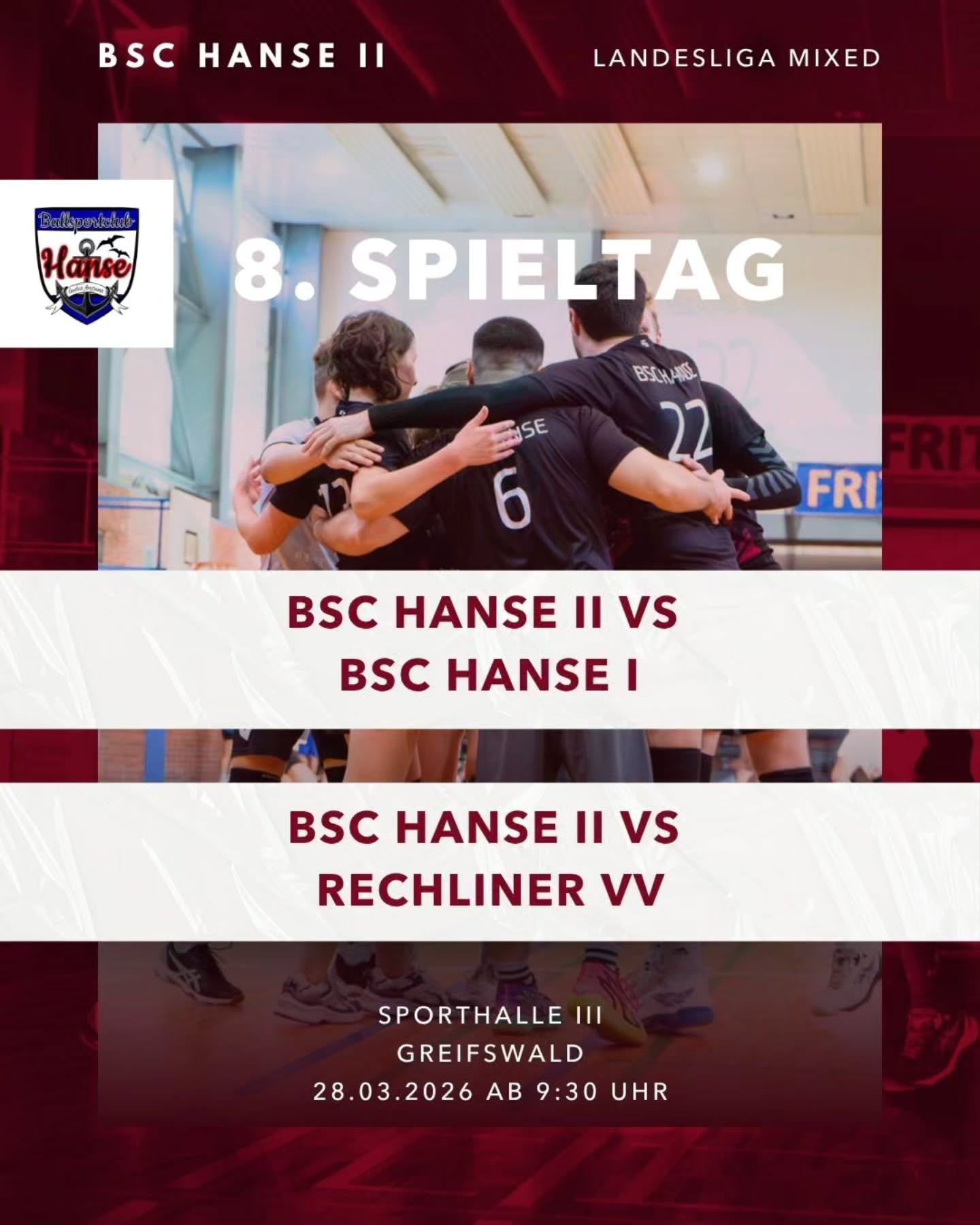 ++ Letzter Spieltag +++
Hanse II will ebenfalls noch einmal angreifen und mit maximales Ausbeute nach Hause. Drei Punkte würden reichen, um den Abbstieg zu verhindern.
#bschanse #mixedvolleyball #volleyballingreifswald #volleyballgreifswald #LLMixed