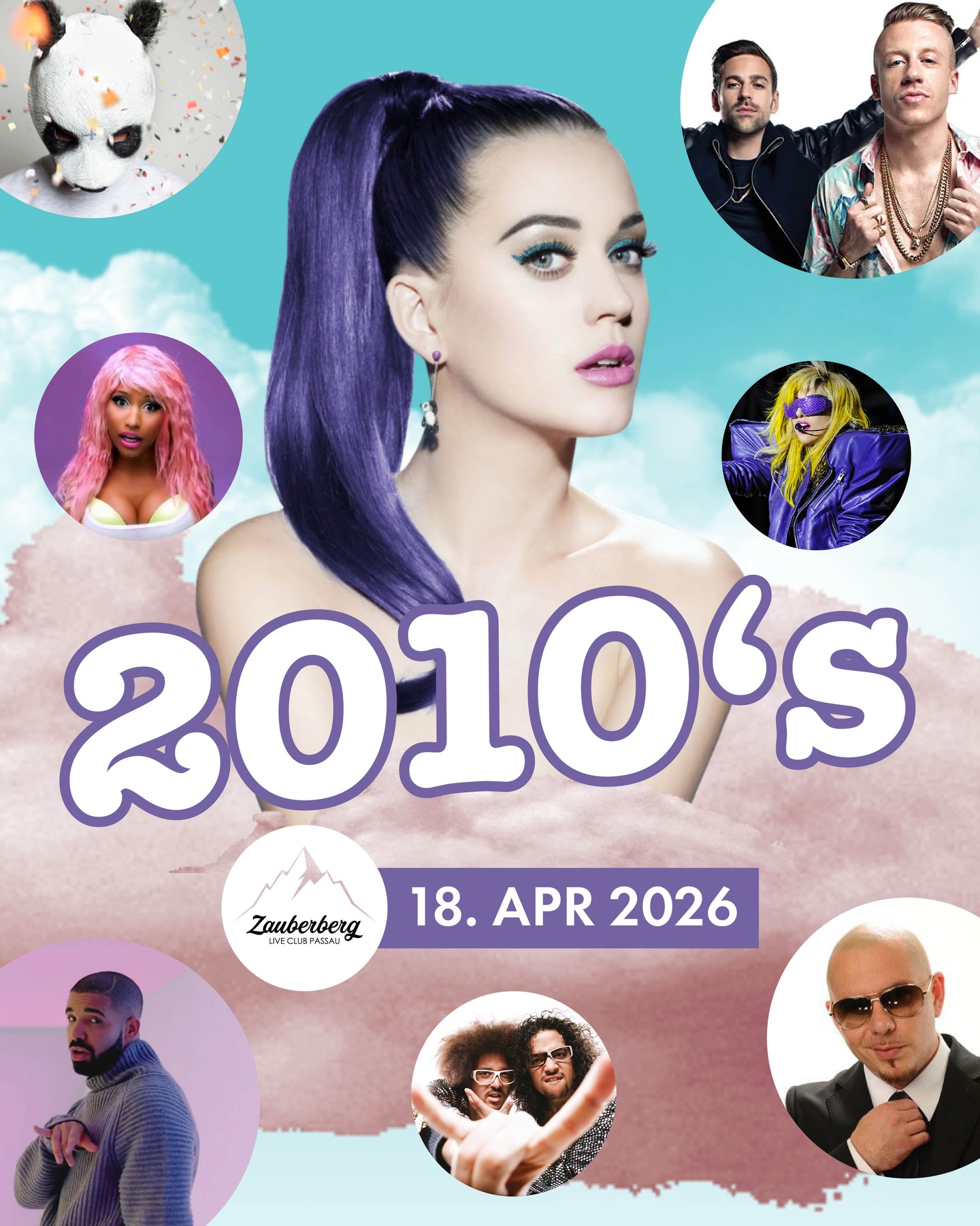 2010’S PARTY 💥 Samstag, 18. April ab 22 Uhr • Einlass ab 18 Jahren
Party Rock is in the house tonight
Everybody just have a good time!
Throwback in bessere Zeiten, in das Jahrzehnt der Hipster, Snapchat-Hundefilter, Drake-Memes und natürlich Ohrwürmer, die uns über Jahre begleitet haben!
It’s all about that Bass!
Watch that Hotline Bling mit Drake, Get Lucky mit Daft Punk, Move Like Jagger mit Maroon 5 und Lean On mit Major Lazer!
Fühlt euch Radioactive mit Imagine Dragons, Happy mit Pharell Williams, Fancy mit Iggy Azalea, wie California Gurls mit Katy Perry oder doch lieber wie M.I.A.‘s Bad Girls?
Bad Guys á la Billie Eilish und Dance Monkeys aller Art sind natürlich auch willkommen. Shut Up and Dance!
My anaconda don’t want none unless you got buns, hun!
Also zwängt euch in eure Skinny Jeans und übt noch schnell die Choreo zu Gangnam Style - oder einfach auf der Tanzfläche den Harlem Shake auspacken!
Don’t you worry, child!
This Is What You Came For!
—
Beginn 22 Uhr
Abendkasse 5€
Eintritt frei für „Wytch Hazel“ Konzertgäste
—
Einlass ab 18 Jahren
Gültigen, amtlichen Lichtbildausweis mitbringen! (Personalausweis, Reisepass oder Führerschein)
Ein Foto des Ausweises ist nicht ausreichend, sogenannte „Mutti-Zettel“ werden nicht akzeptiert
Weitere Fragen? Unsere FAQs sind zu finden unter www.zauberberg-passau.com/faqs