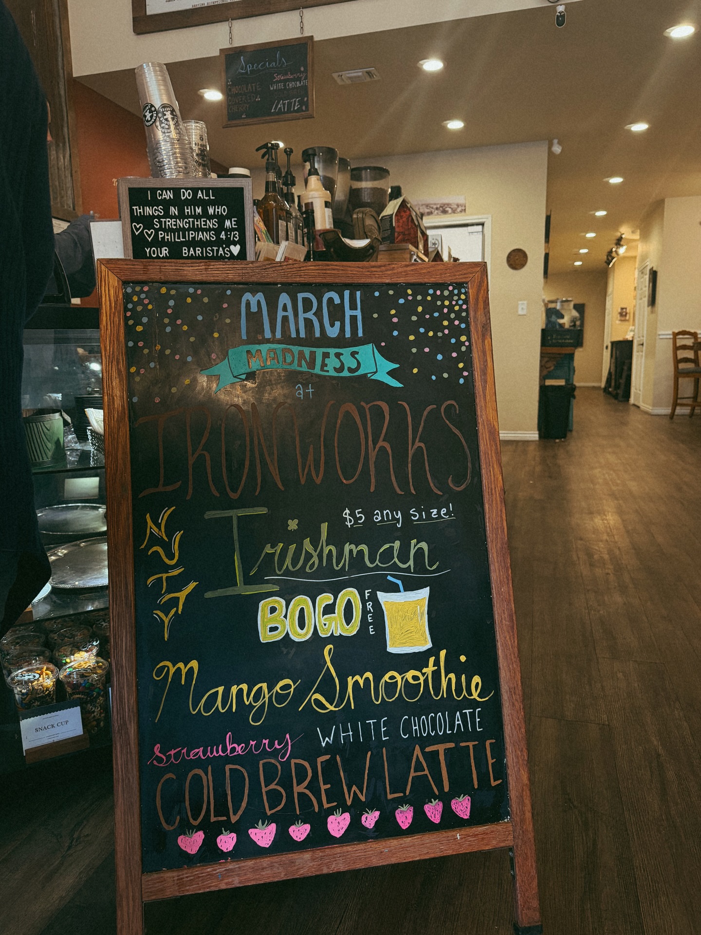 We’re wrapping up March the best way we know how ☕️
One more week of:
• $5 Irishman
• BOGO mango smoothies
• Strawberry white chocolate cold brew latte
Come see us, bring a friend, try something new… or stick with your go-to!! Happy Spring friends ✨