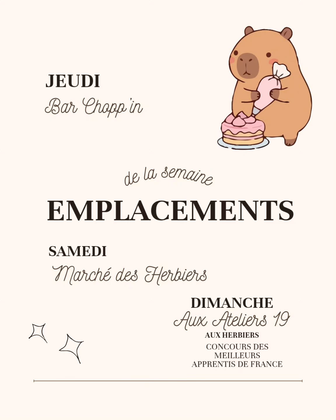 Craquage complet sur cette affiche des emplacements de la semaine mais bon, on se remet comme on peut de l'augmentation du prix de l'essence, qu'est ce que vous voulez que je vous dise. ❤️🩹
Je vous attends cette semaine avec le retour de la petite laine sur les épaules 🧶
Venez faire un petit tour aux Ateliers 19 ce dimanche, histoire de donner du courage aux apprentis tout domaine confondu du département 💪🏻
Joie et douceur pour cette fin de mois 🥴🫠🫣
#loiseaunocturne #foodtrucklife #foodtruck
#patisserieambulante