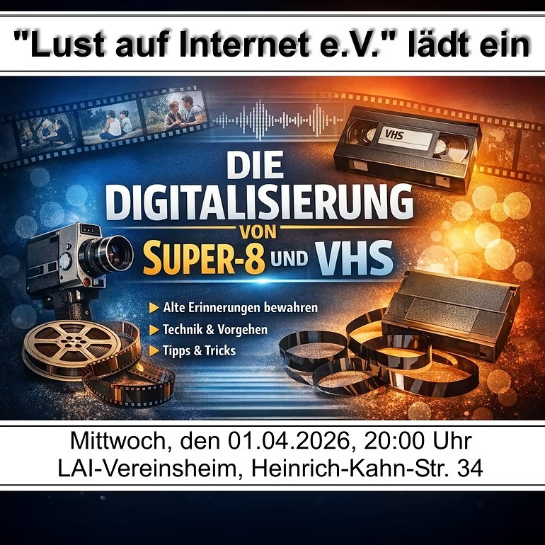 Wir laden zu einem spannenden Abend rund um die Rettung und Digitalisierung alter Film- und Videomaterialien ein. Am 01.04.2026 ab 20:00 Uhr zeigen wir im LAI‑Vereinsheim in der Heinrich-Kahn-Str. 34, wie man analoge Erinnerungen in die digitale Welt überführt.
Den Auftakt macht Rainer Oettinger, der Schritt für Schritt demonstriert, wie Super‑8‑Filme professionell digitalisiert werden. Anschließend zeigt Udo Besenreuther, wie sich VHS‑Bänder zuverlässig in digitale Dateien verwandeln lassen.
Im dritten Teil des Abends widmen wir uns der Qualitätsverbesserung: Wie kann man alte Aufnahmen nachträglich schärfen, stabilisieren oder farblich optimieren? Wir stellen praktische Methoden und leicht verständliche Werkzeuge vor.
Ein besonderes Angebot für unsere Mitglieder: Der Super‑8 und der VHS-Scanner können nach der Veranstaltung kostenlos ausgeliehen werden, um eigene private Filme zu digitalisieren. #Laichingen #laichingeralb #digitalisierung #super8 #vhs #albdonaukreis #ausleihe