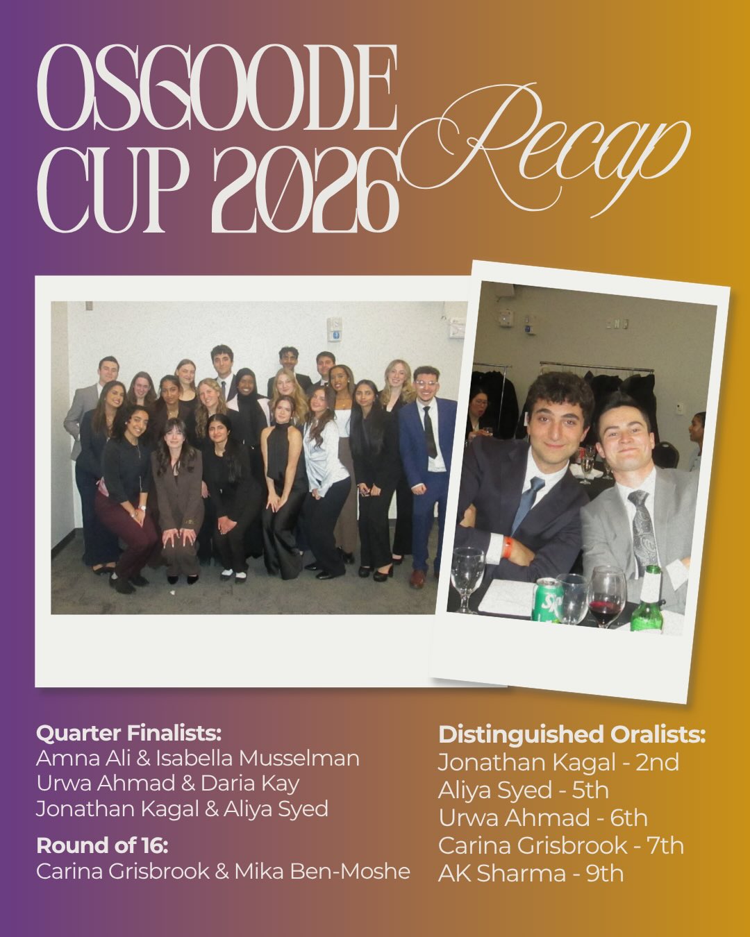 π On St. Pattyβs weekend, LMC sent 10 teams to the annual Osgoode Cup hosted by Osgoode Hall Law School, the largest undergraduate mooting competition in Canada!
After two days of intense competition, we are so proud to announce:
4/16 teams advancing to day 2 were LMC
3/8 quarter finalist teams were LMC
AND
5/10 distinguished oralists were LMC
What a way to end of the year ππ