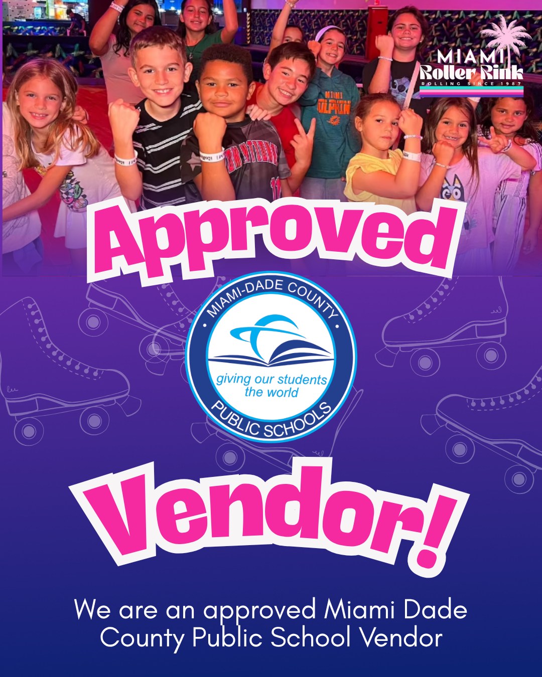 As a trusted vendor with Miami-Dade County Public Schools, we make Field Trip planning easy! 🎉🛼
Let us handle the planning for students to learn, move, and have fun right here at the rink! From field trips to group outings, we’re proud to be a trusted space for schools across our community.
Teachers, administrators, and program coordinators… let’s roll!🤝
Packages Available Include:
• STEM & Skate Field Trips (Most Popular)
• PE & Skating Field Trips
• PE & Line-dancing
• Student Reward Trips
• On & Off Skates Trips
#MiamiRollerRink #MiamiDadeSchools #FieldTrips #ThingsToDoMiami #RollWithUs