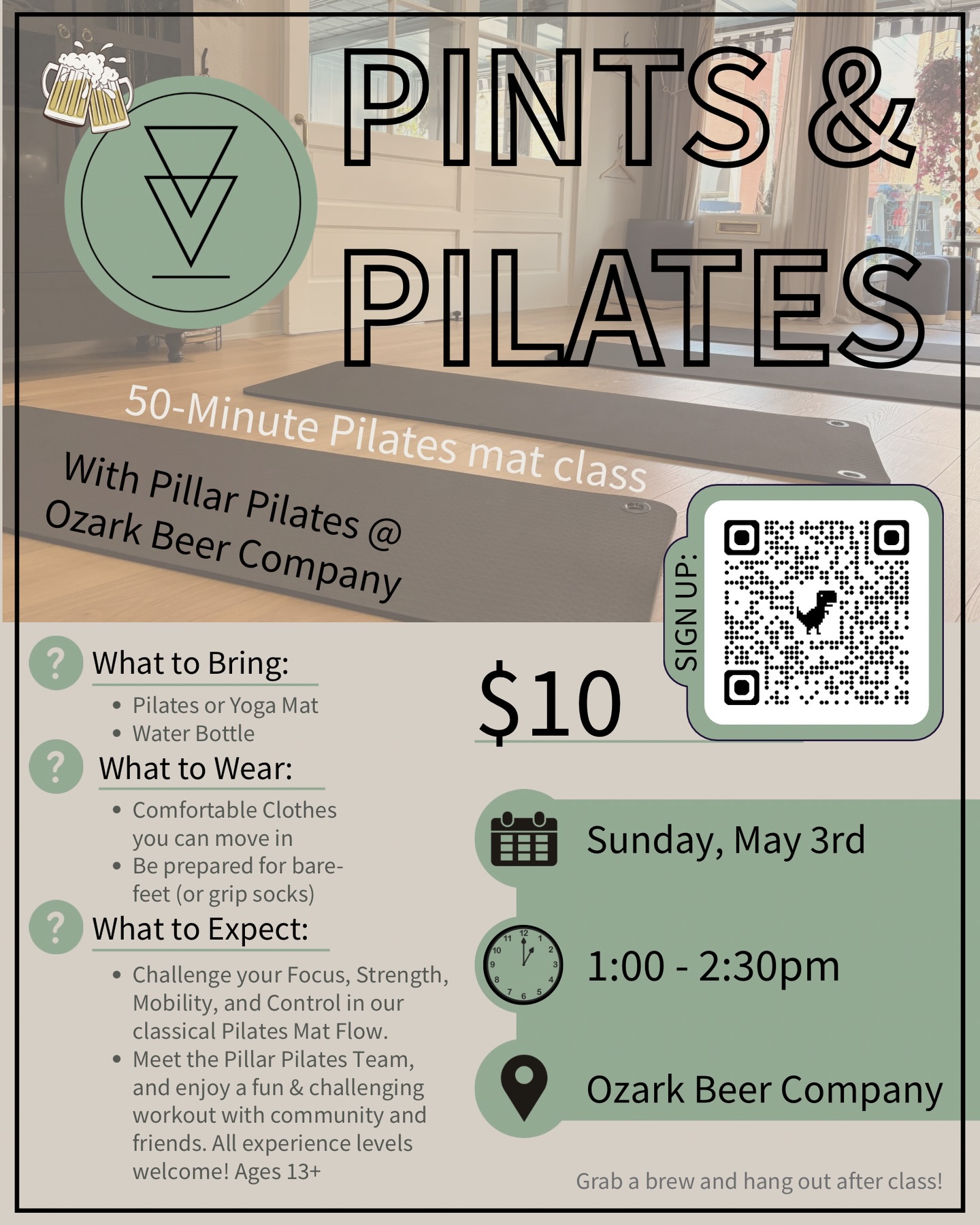 MAY 3: Get your Pilates fix at @ozarkbeer
Meet us upstairs at OBC for a 50-minute classical Pilates mat flow and hangout.
Come for Pilates - Stay for a Pint!
#pilatesforallbodies #ozarkbeercompany #pintsandpilates #supportingyourmovement