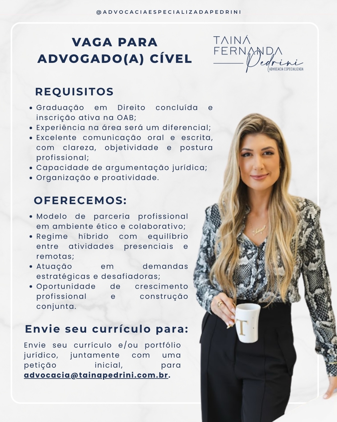 Vaga para advogado(a) cível!
Buscamos profissional com boa comunicação, organização e capacidade de construção de teses jurídicas, que tenha interesse em atuar de forma estratégica e comprometida com a qualidade técnica.
Oferecemos parceria em ambiente ético e colaborativo, com modelo híbrido e atuação em demandas relevantes, que proporcionam crescimento profissional.
Envio de currículo/portfólio e uma petição inicial para: advocacia@tainapedrini.com.br
Dúvidas podem ser solicitadas pelo mesmo e-mail.
#VagaAdvogado #AdvocaciaCível #OportunidadeJurídica #CarreiraJurídica #advocacia