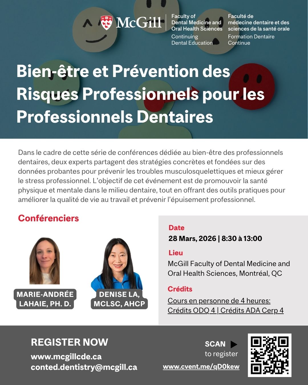 Joignez-vous à nous le 28 mars 2026, de 8 h 30 à 13 h, pour échanger et promouvoir la santé physique et mentale des professionnels dentaires.
Lors de cette courte séance de formation, nos deux expertes, Marie-Andrée Lahaie et Denise La, présenteront des stratégies pratiques et fondées sur des données probantes pour prévenir et gérer les troubles musculosquelettiques (TMS) ainsi que le stress chronique dans la communauté dentaire.
Cette formation offre l’occasion de mettre de l’avant le bien-être des professionnels dentaires et de partager des outils concrets pour améliorer la qualité de vie au travail, tout en permettant d’obtenir des crédits de formation continue.
📍Lieu : 2001, avenue McGill College, bureau 100, Montréal (QC) H3A 1G1
🎓 Unités de formation continue : 4 ODQ / 4 ADA CERP
💳 Options de paiement flexibles offertes
#workplacewellness #wellness #dentaleducation #mentalhealth #physicalhealth #continuingeducation